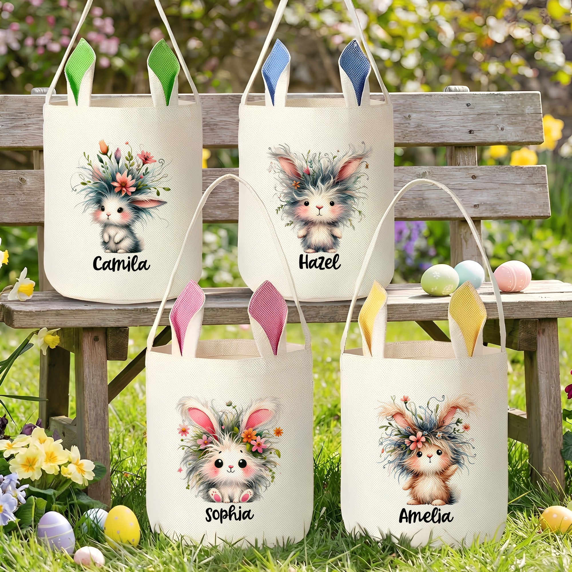 Personalizado lindo conejo de peluche de flores orejas de conejo cesta de Pascua con el nombre de Pascua Huevos de Caza Fiesta de Regalos para Niños Niñas