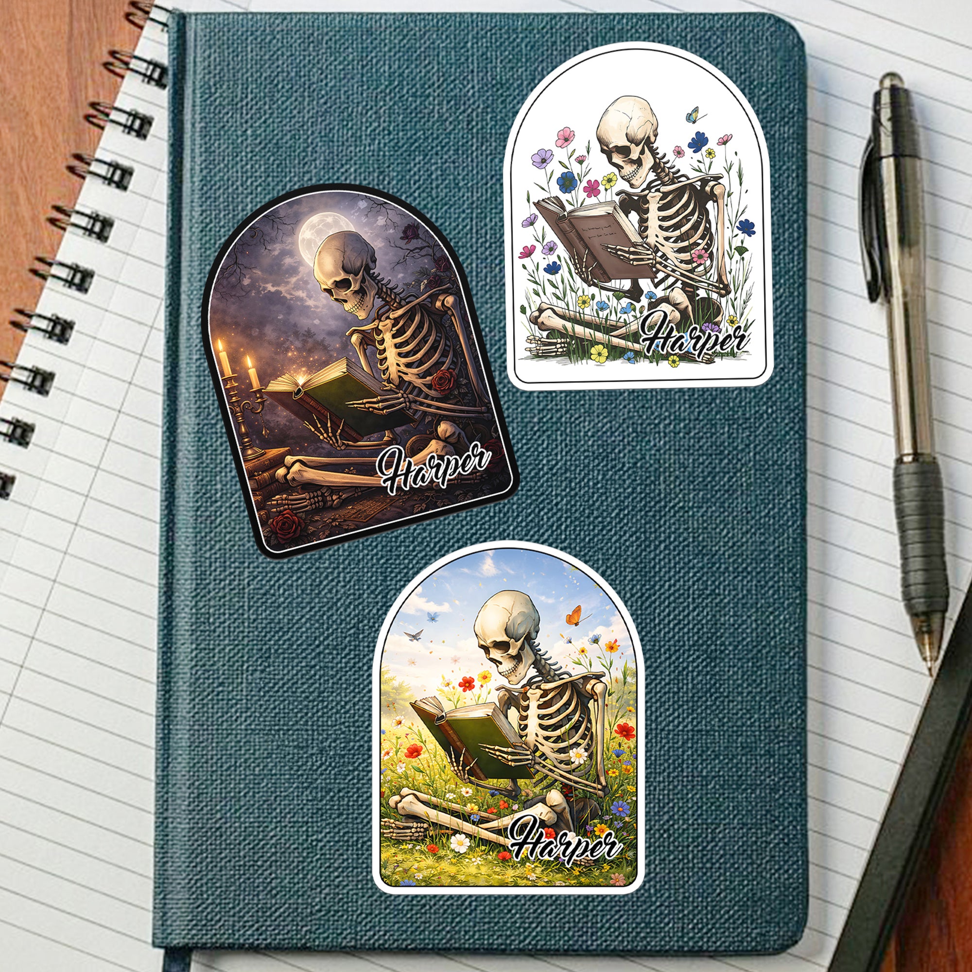 Personalizado Divertido Bookworm Cráneo Etiquetas Adhesivas Impermeables con Nombre Regalo de Cumpleaños para Amigos Amantes de los Libros