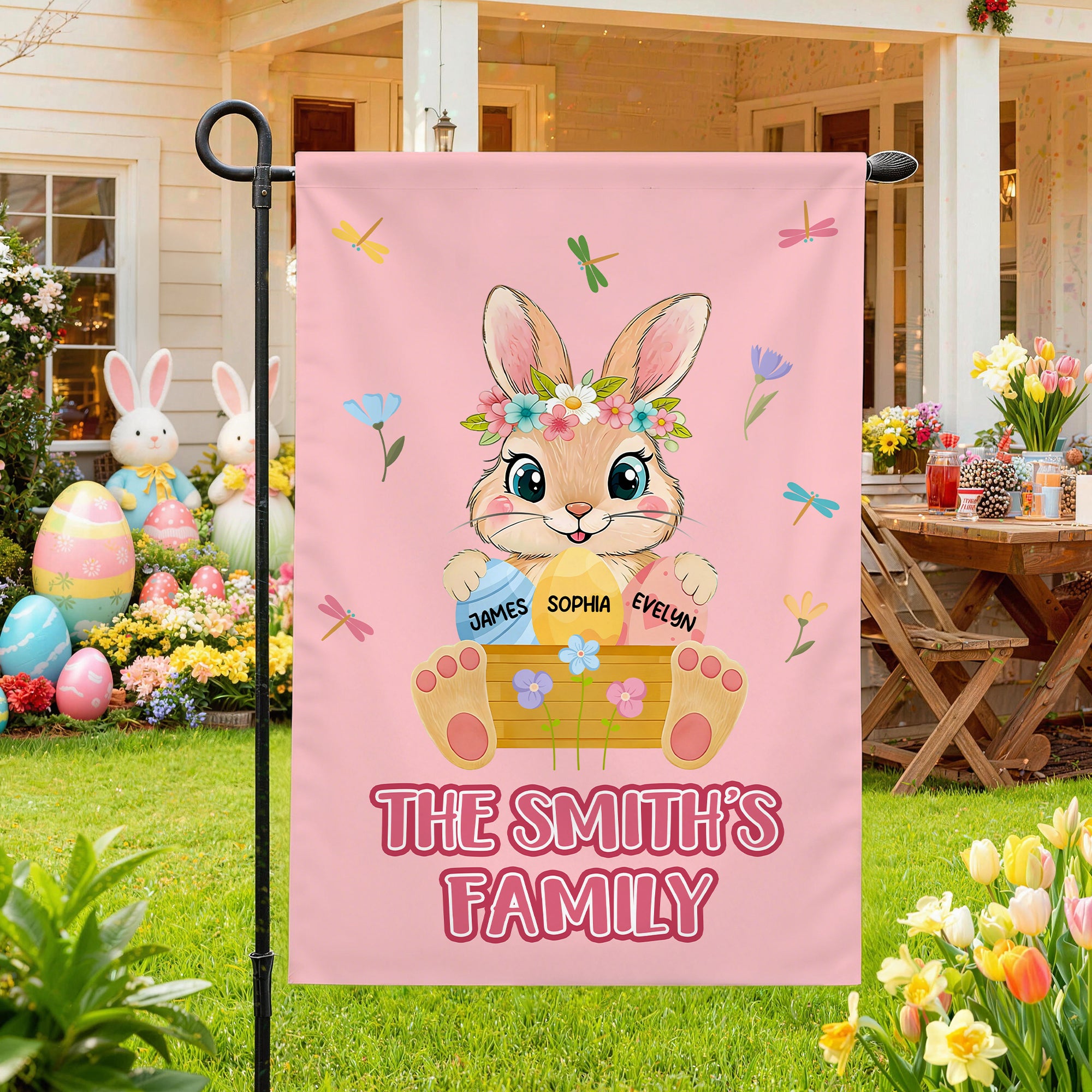 Conejito de Pascua Huevos de Pascua Bandera de Jardín Personalizada Multicolor con Nombres Decoración Exterior Regalo de Pascua para Amigos de la Familia
