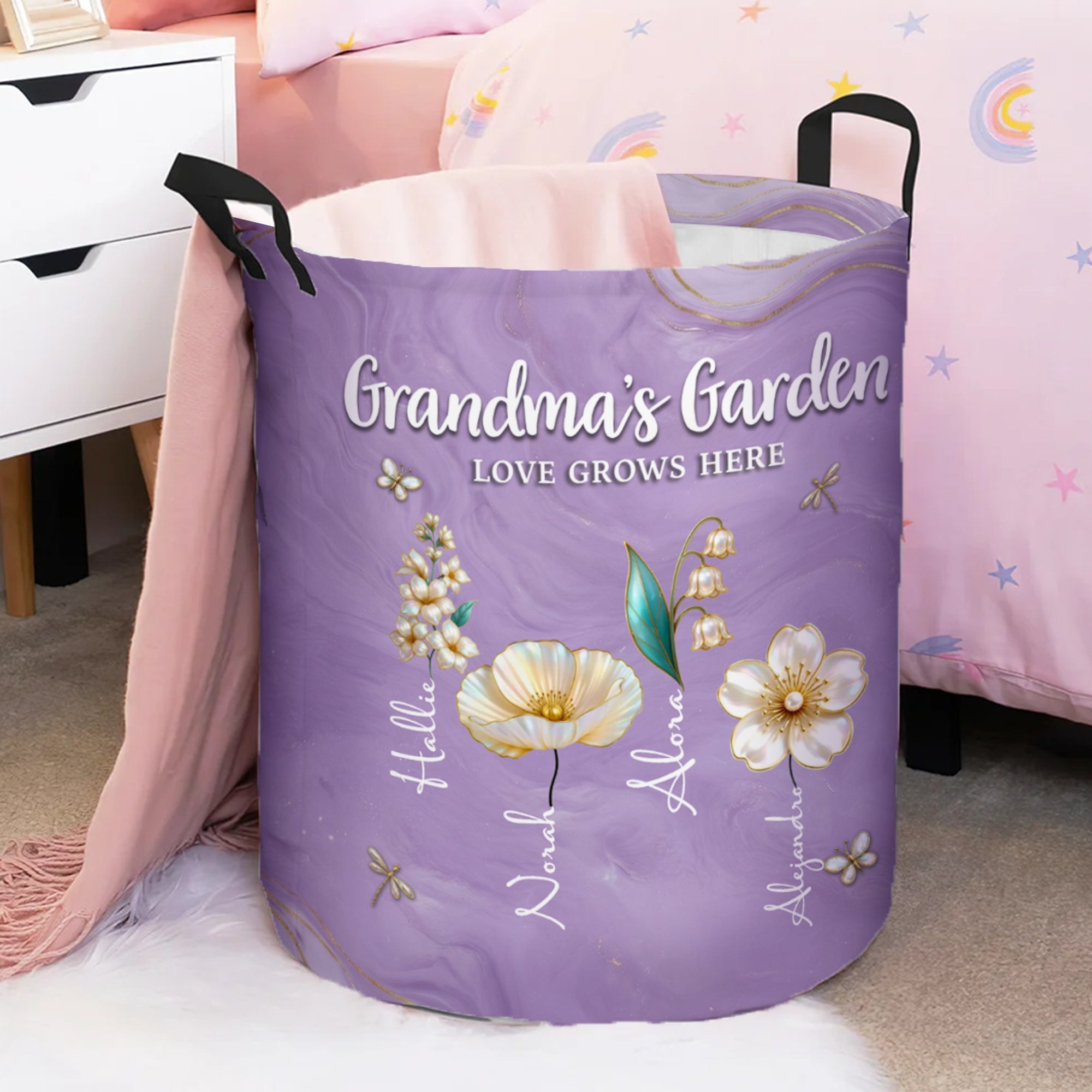 Personalizado 1-10 Nacimiento Flores Impermeable Lavandería Cesta de Almacenamiento con Nombre y Asa Housewarming Cumpleaños Regalo para Mamá Abuela