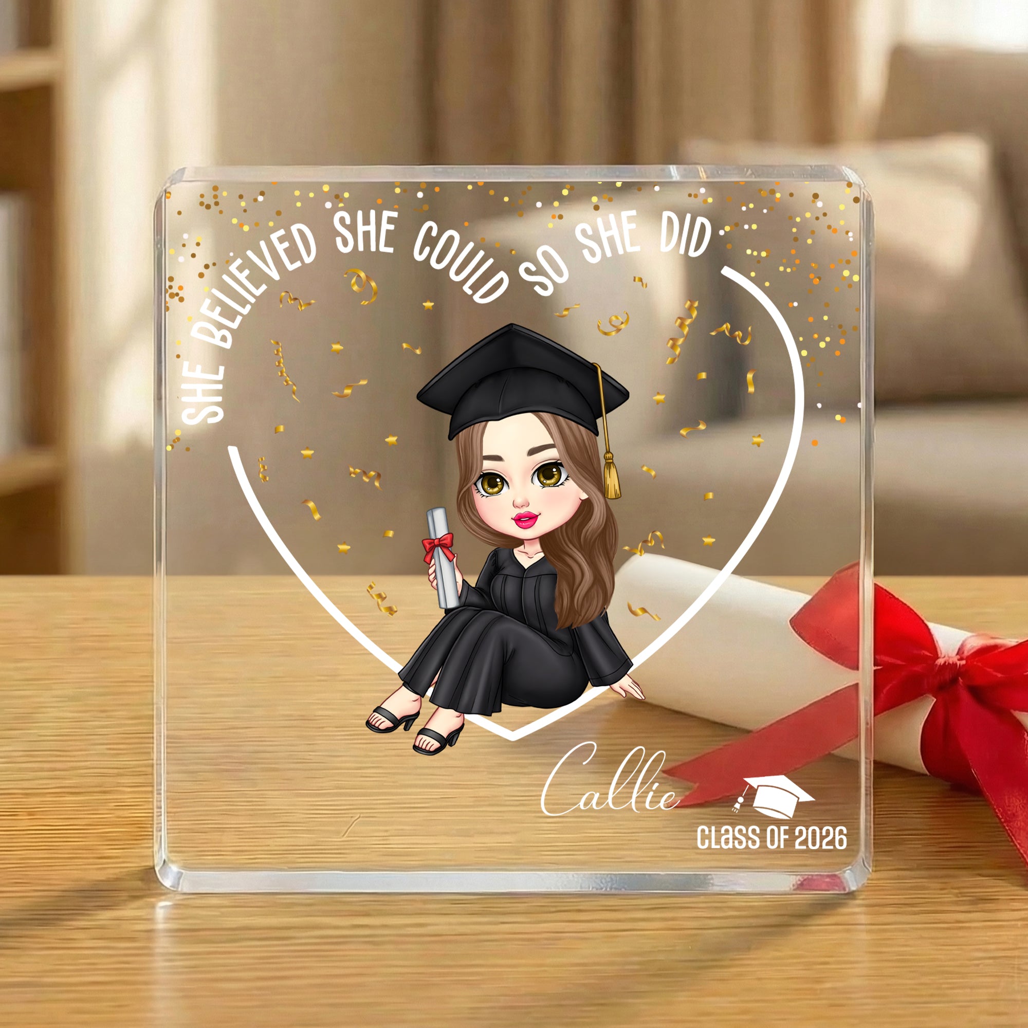 Personalizada de dibujos animados de Graduación Corazón Cuadrado Placa de acrílico con nombre Decoración de Escritorio Cumpleaños Regalo de Graduación para Graduados