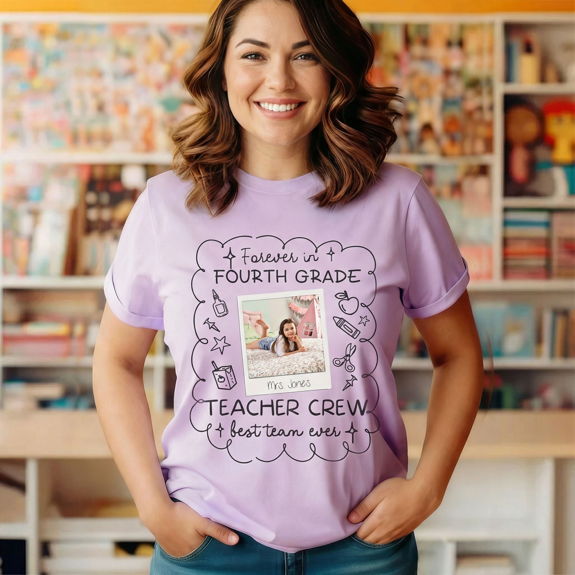 Personalizado Forever In Teacher Crew Foto Diseño Multicolor 100% Algodón Camiseta con Texto Teacher Appreciation Regalo de Vuelta al Cole para Profesores