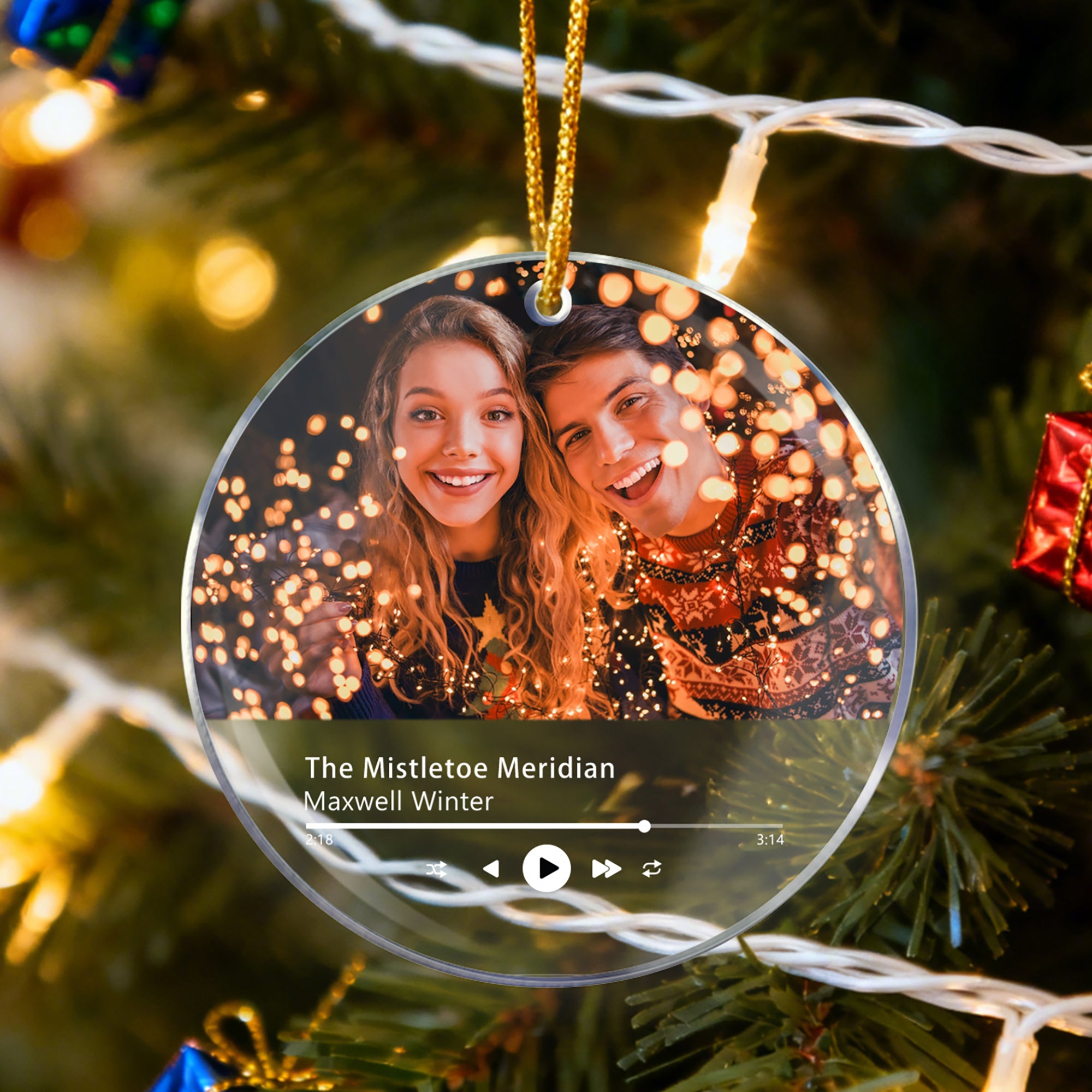 Ornamento acrílico personalizado de la foto del diseño del jugador de la música con la decoración del árbol del título de la canción Regalo de Navidad para la familia de la pareja de los amantes de la
