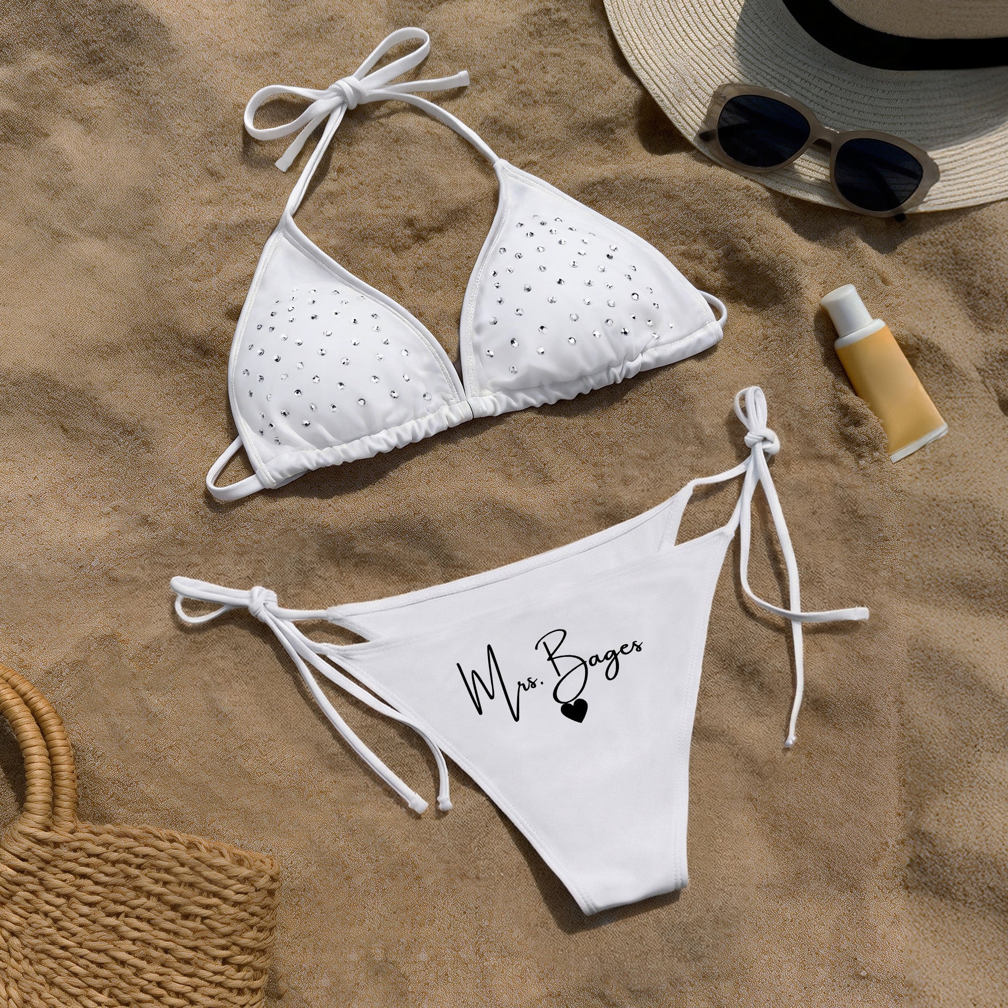 Bañador de copa triangular personalizado con nombre Vacaciones en la playa Lunas de miel Regalo para novia