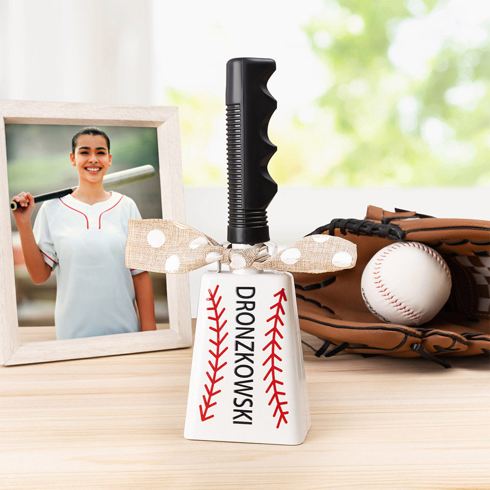 Cencerro deportivo con forma de pelota de béisbol personalizado con asa y nombre Eventos deportivos Fiesta Concierto Regalo para padres de deportistas Entrenador