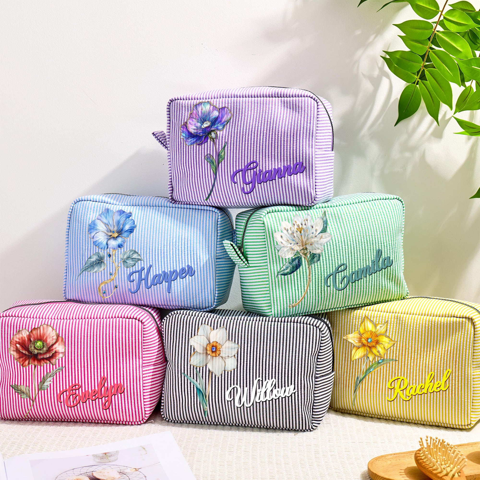 Personalizada Pintura al Óleo Retro Piedra Preciosa Flor de Nacimiento Gran Capacidad Bolsa de Rayas para Maquillaje con Nombre Esenciales de Viaje Regalo de Cumpleaños de Novia para Mujer