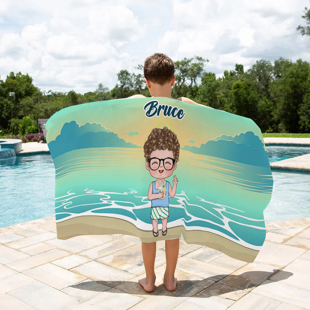 Toalla de playa de microfibra de gran tamaño y secado rápido personalizada con el nombre de un niño o una niña de dibujos animados con rayas en la puesta de sol Regalo esencial para las vacaciones de