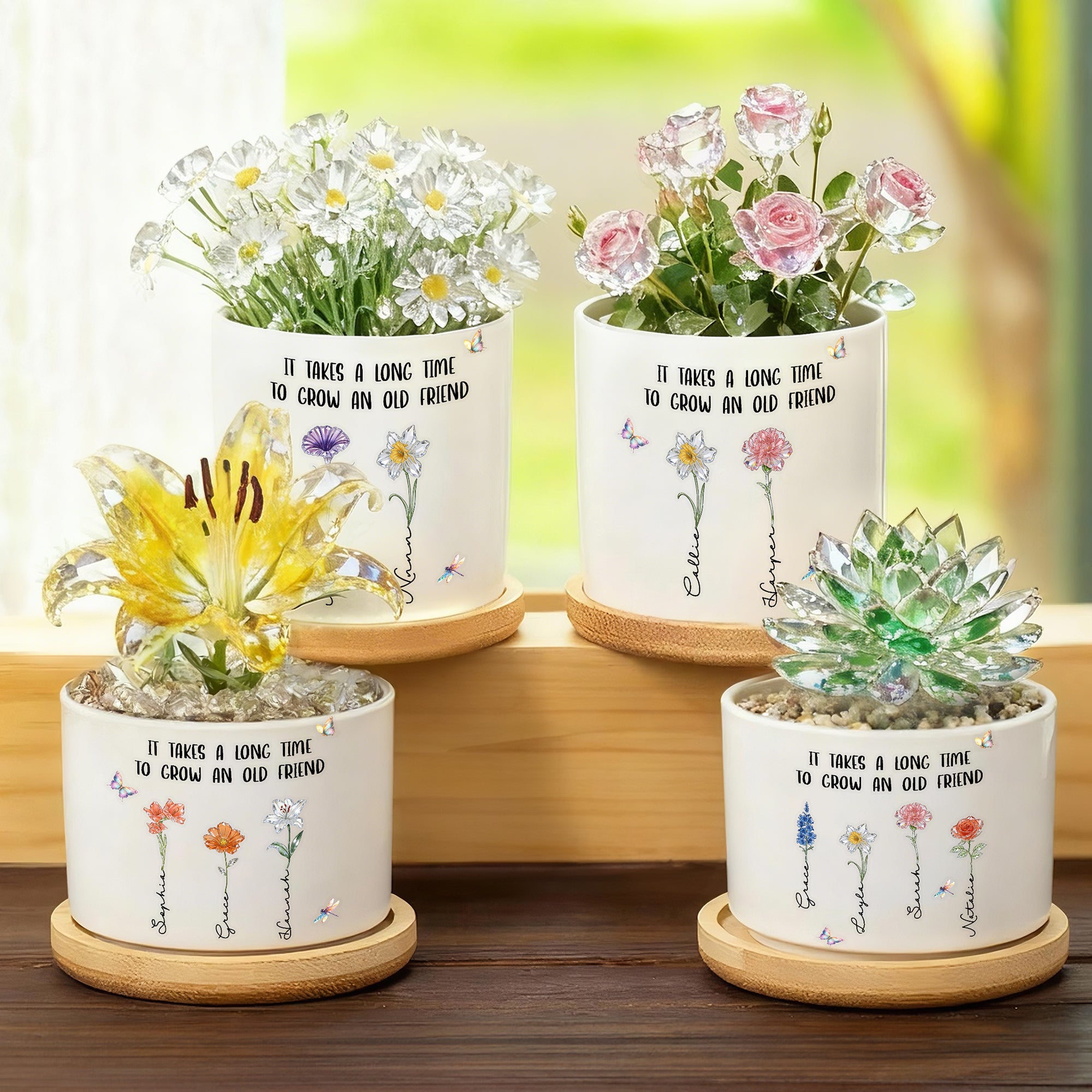 Personalizado 1-5 Flores de Cristal de Nacimiento Mariposa Maceta de Cerámica con Nombre y Base de Bambú Decoración del Hogar Aniversario Cumpleaños Regalo para Familia Amigos