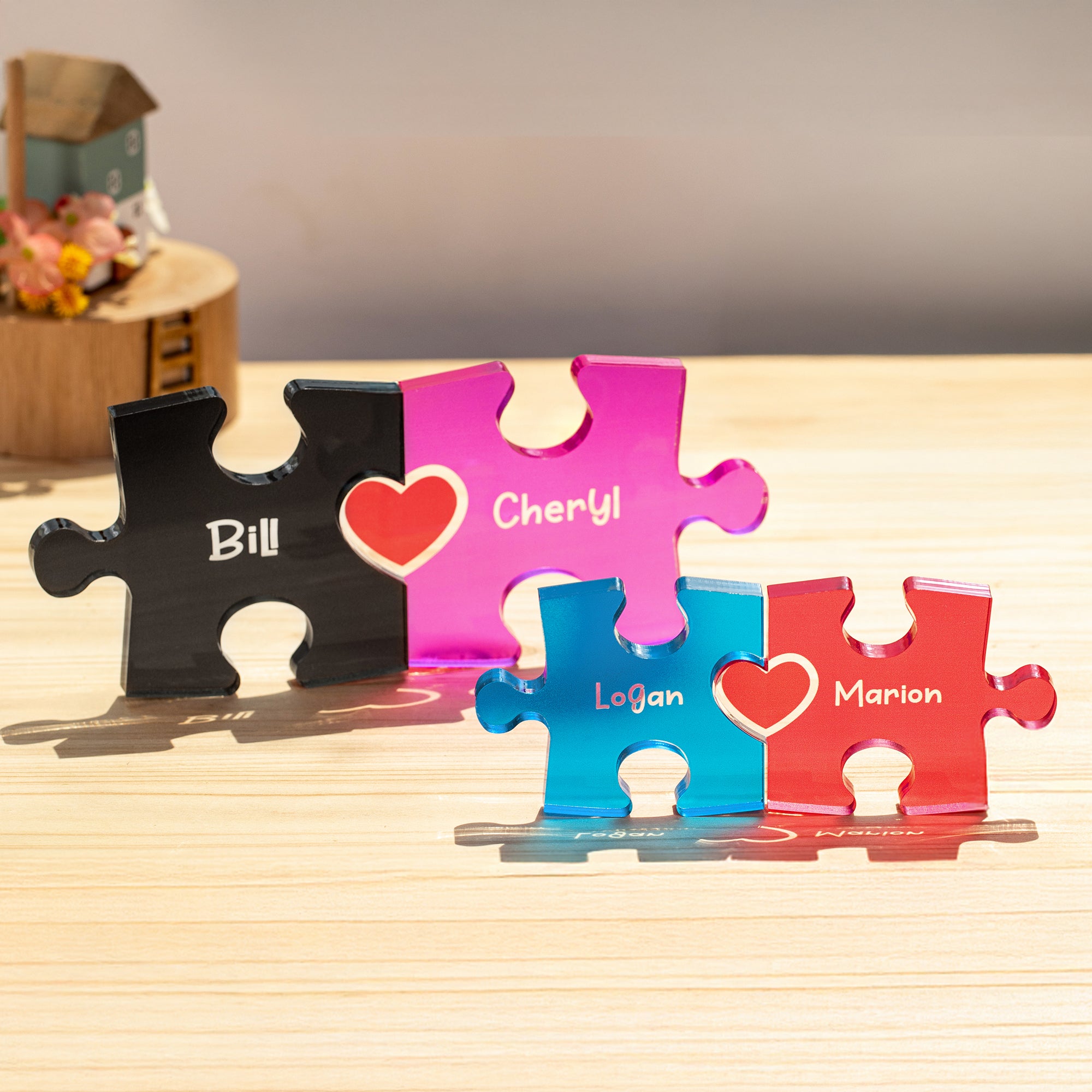 Personalizado Multicolor Corazón Rojo 2-5 Acrílico Rompecabezas Nombre Signo Escritorio Decoración Aniversario Cumpleaños Regalo para Pareja Familia