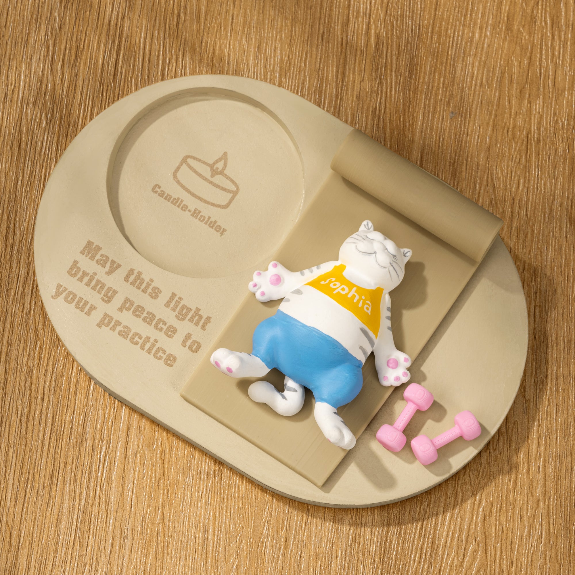 Portavelas Personalizado Gato Yoga con Nombre y Texto Decoración del Hogar Regalo de Cumpleaños para los Amantes del Yoga