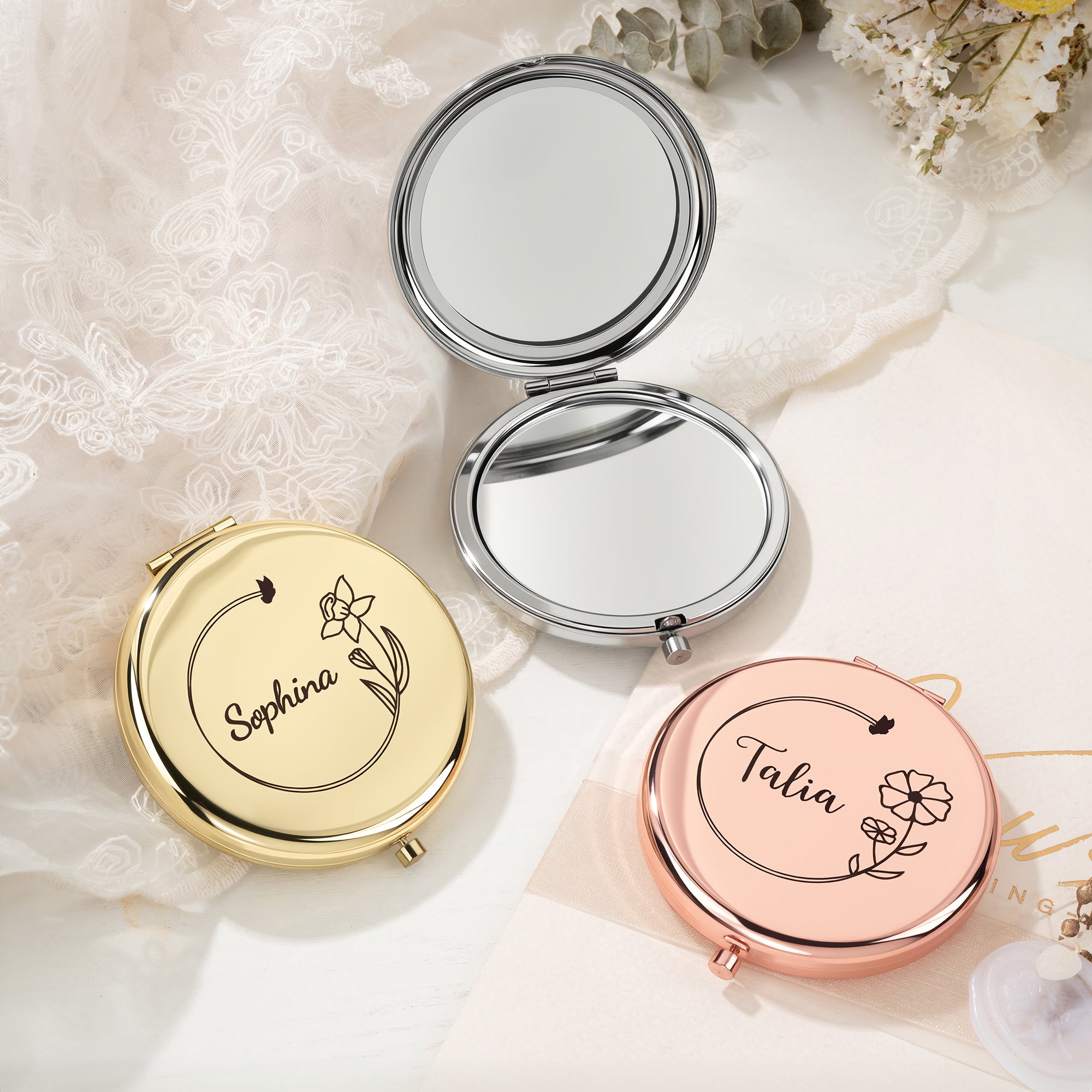 Personalizada Flor de Nacimiento Espejo de Maquillaje de Bolsillo con Nombre Grabado Aniversario Cumpleaños Boda Regalo para Mujeres Damas de Honor