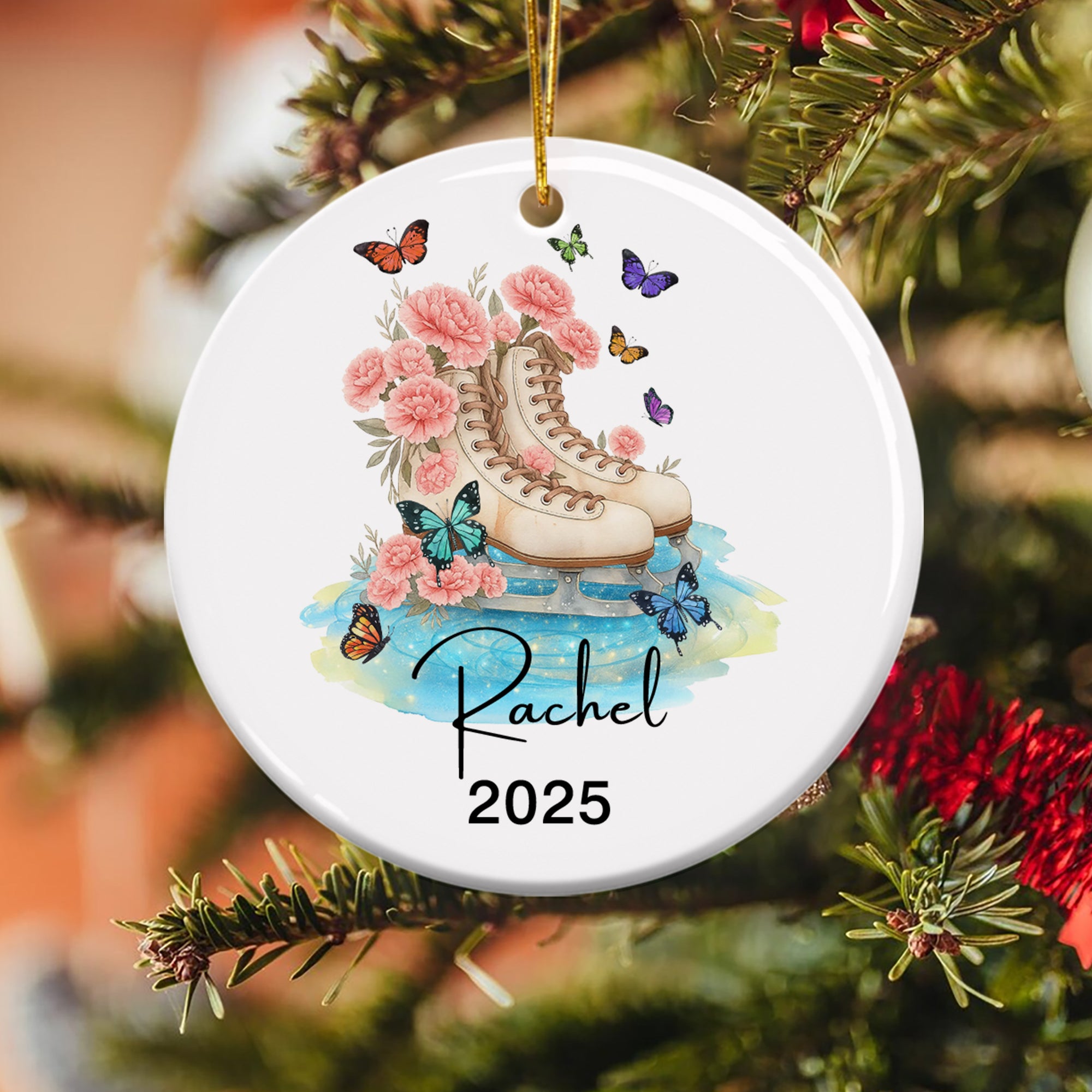 Flor de Nacimiento Personalizada Patines de Hielo Adorno de Cerámica con Nombre y Año Regalo de Navidad para Mujeres Aficionadas al Patinaje Artístico