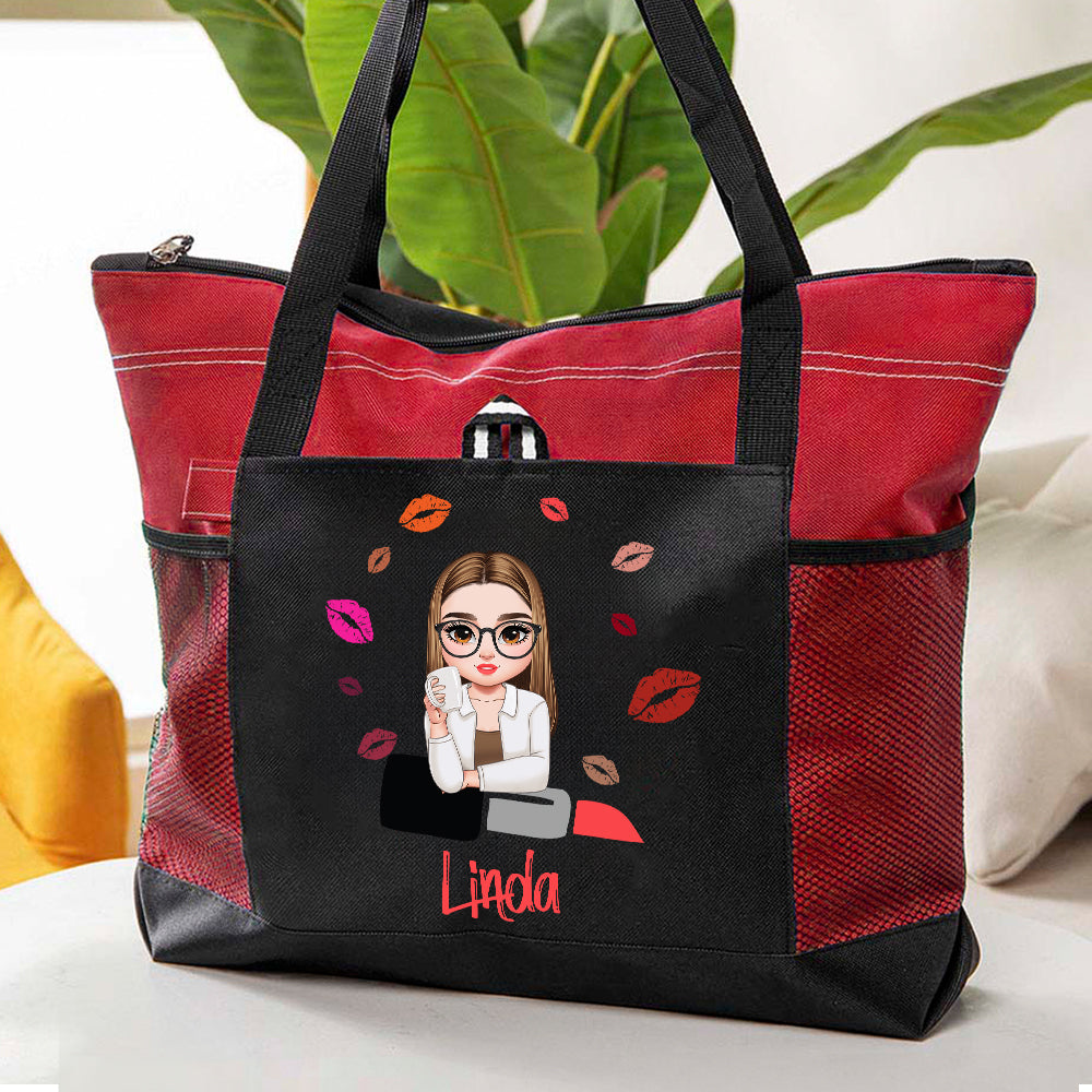 Bolsa de asas grande con nombre y bolsillo de malla con diseño de pintalabios personalizado de dibujos animados de moda para chica Regalo de cumpleaños esencial para mujer