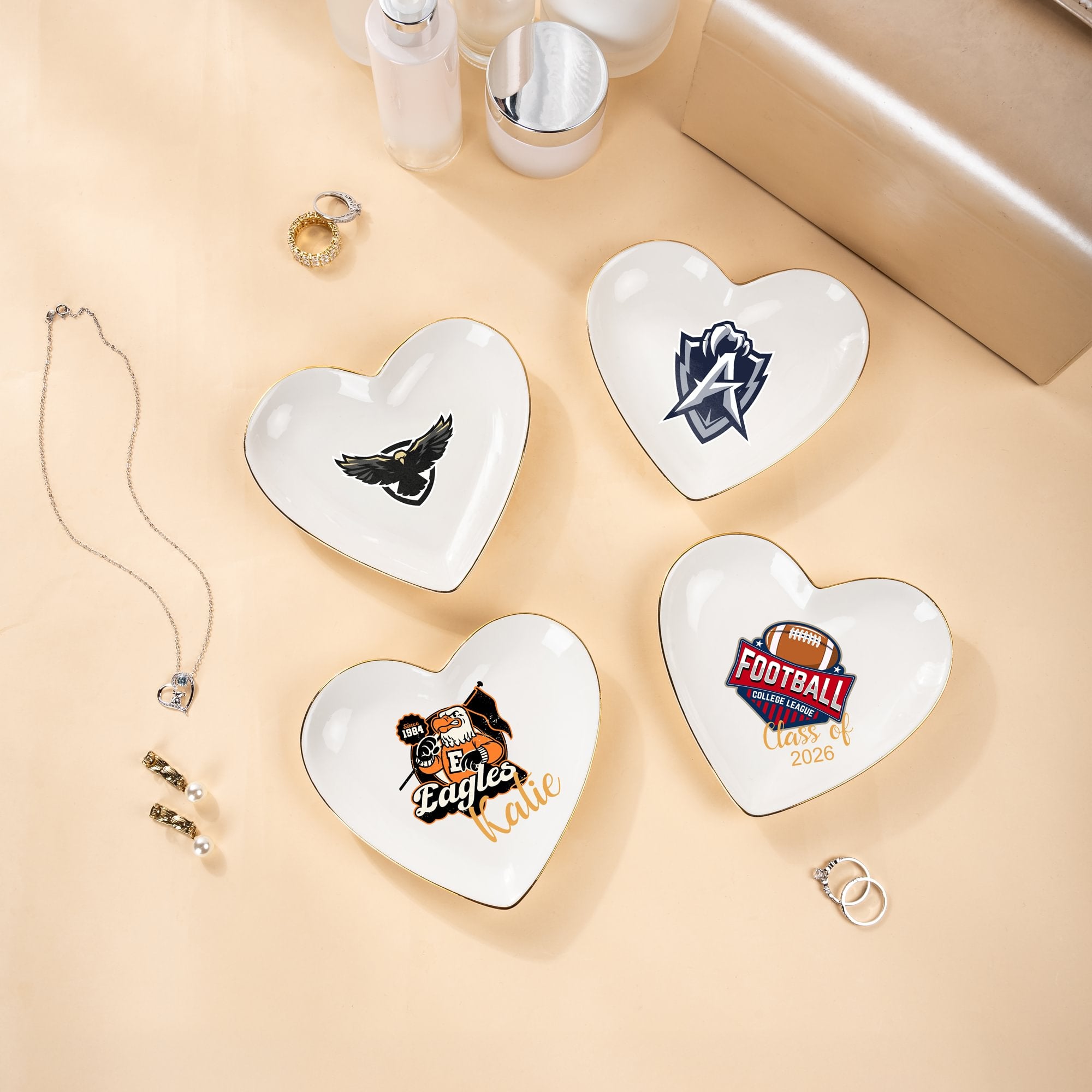 Personalizada Colegio Logo Diseño Forma de Corazón Baratija de cerámica Joyería Plato Decoración para el Hogar Regalo de Graduación para Graduados Mujeres