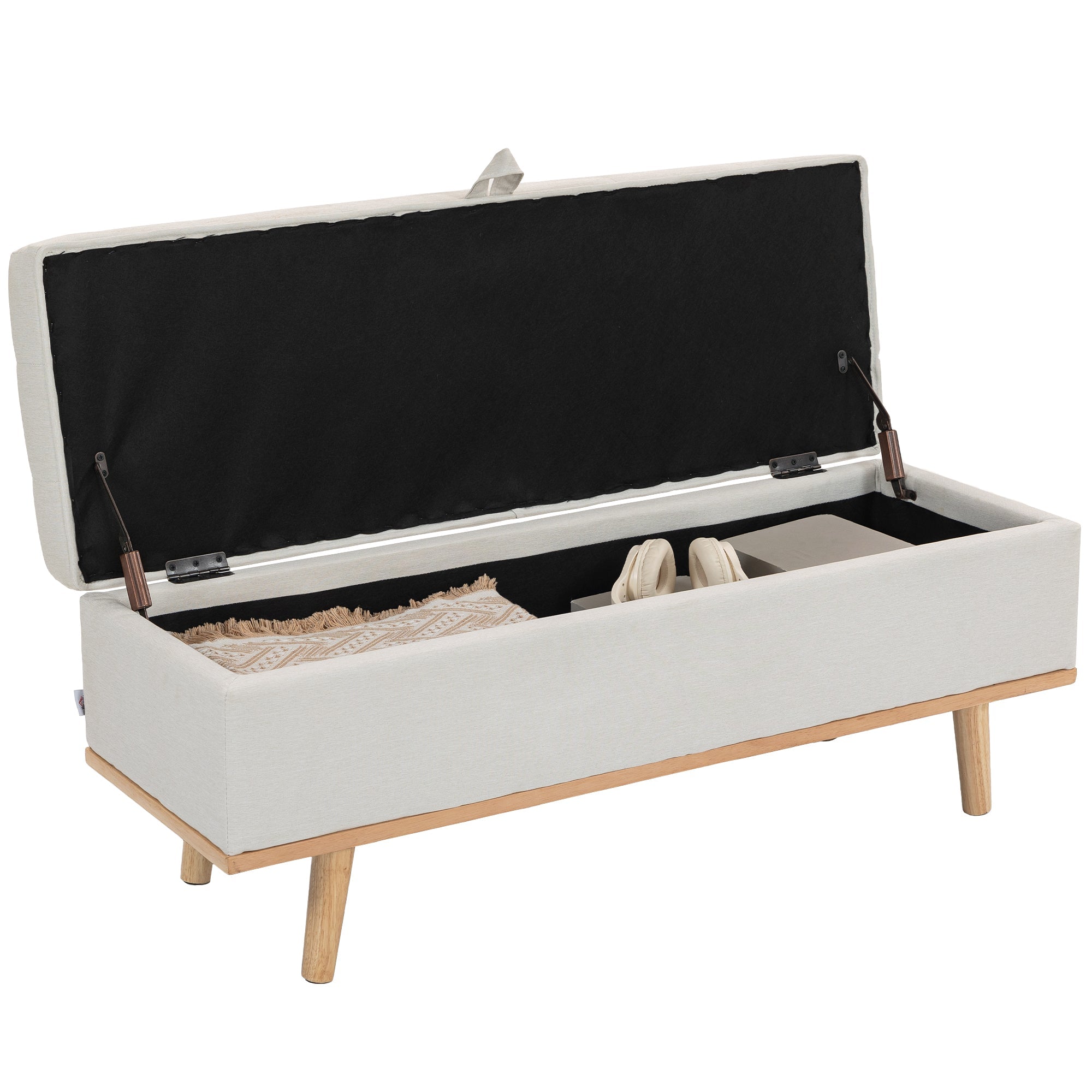 Linen Storage Ottoman Bench, Foot Rest with Lift-Up Lid and Wood Legs, End of Bed Bench, 46.5" x 16.5" x 17.7", Cream White
