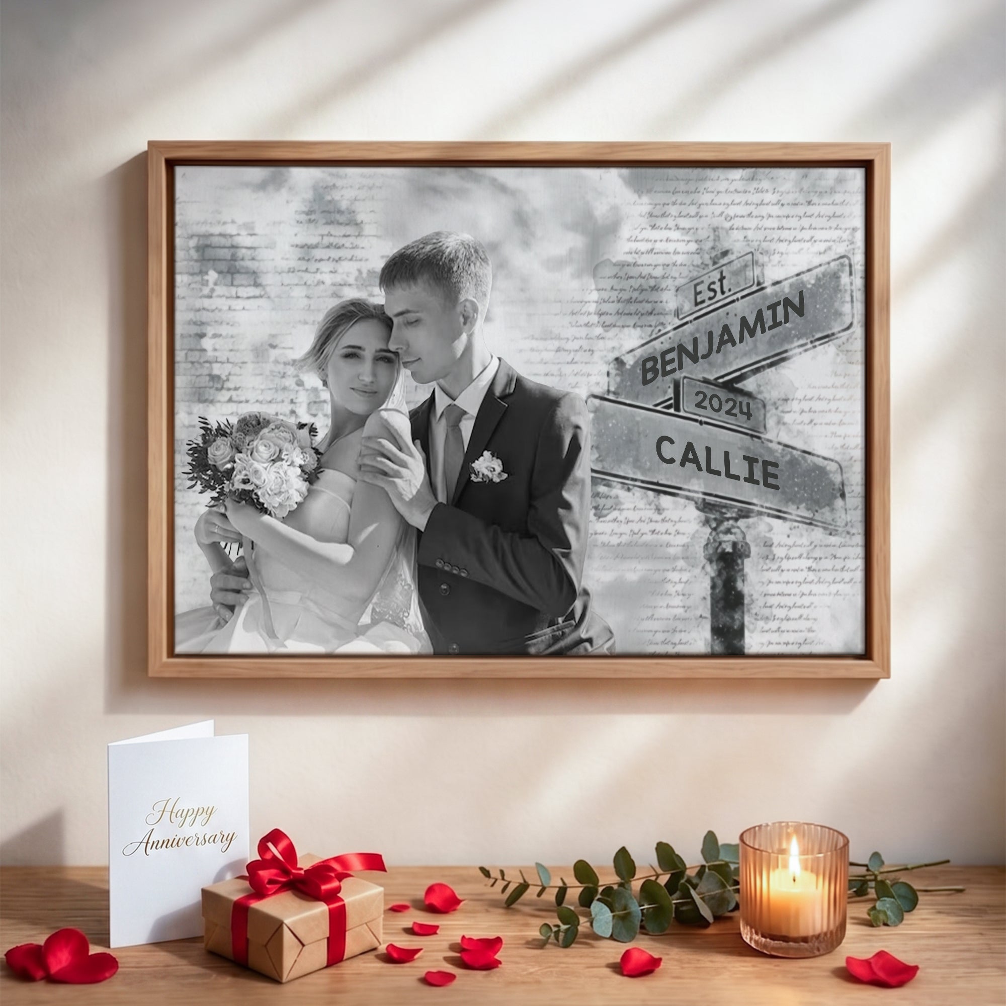 Foto personalizada en blanco y negro Pintura en lienzo con el nombre y el año Aniversario Día Regalo para Pareja Recién Casados
