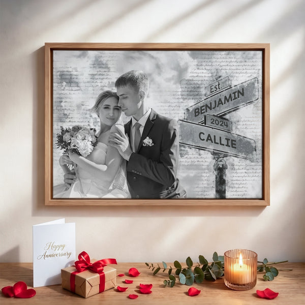 Foto personalizada en blanco y negro Pintura en lienzo con el nombre y el año Aniversario Día Regalo para Pareja Recién Casados