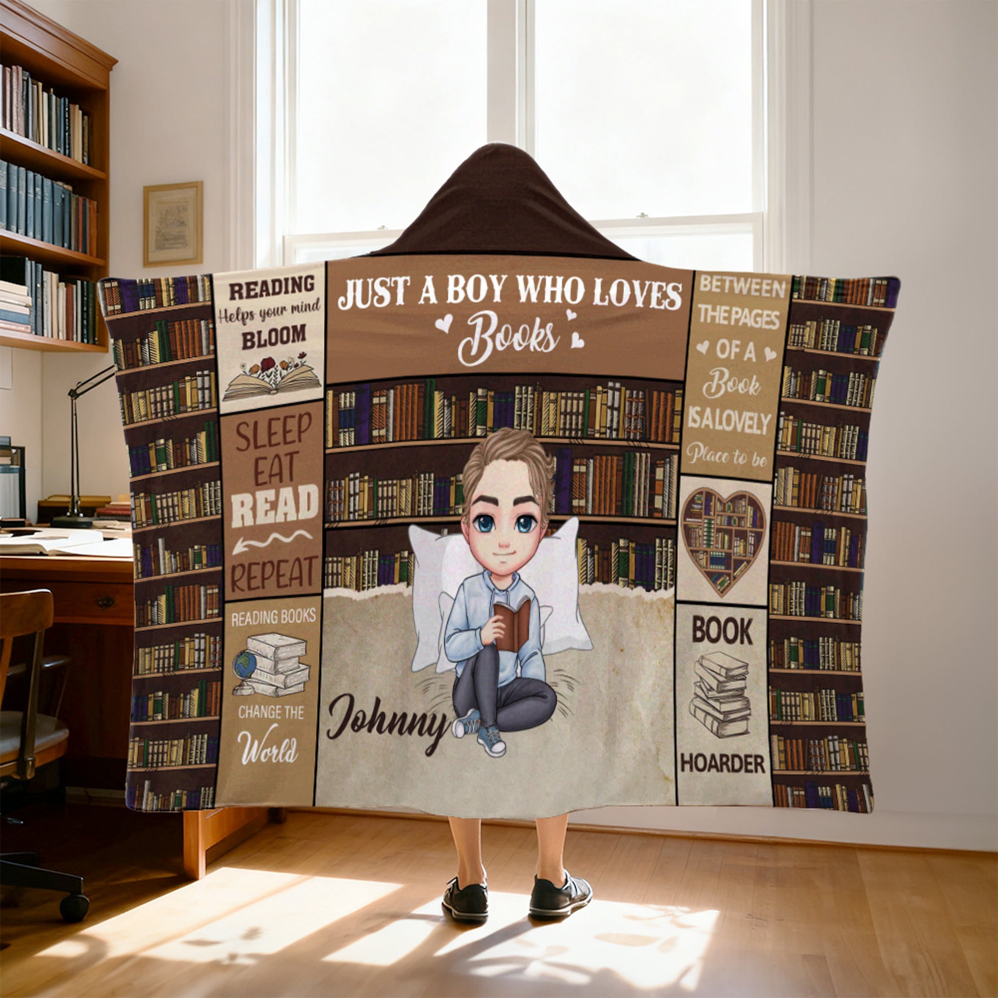 Personaje de dibujos animados personalizado Estantería Manta con capucha suave con nombre Espacio de estudio Decoración del hogar Regalo de cumpleaños para los amantes de los libros Familia