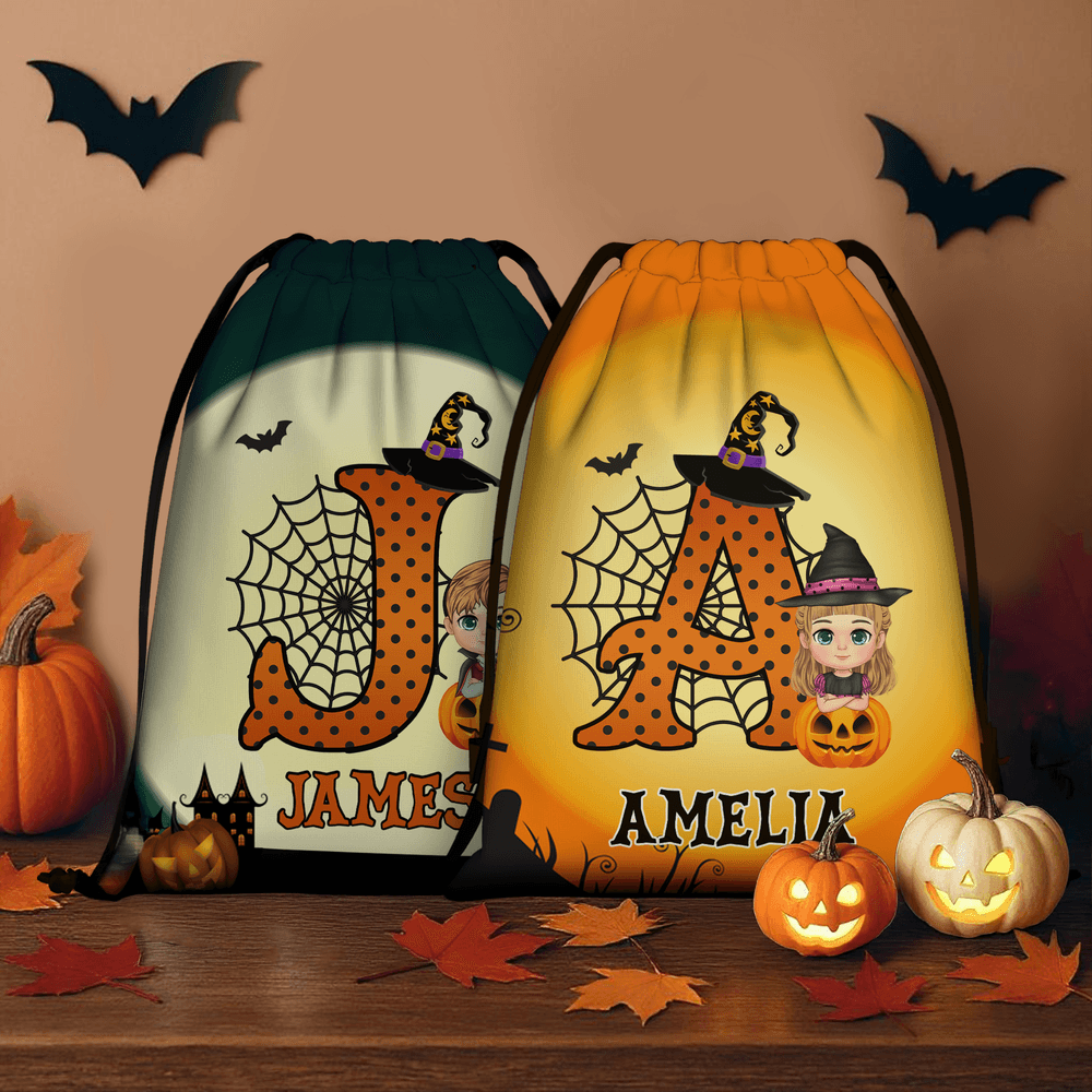 Personalizada Caricatura de Bruja Calabaza Bolsa Mochila con Cordón Portátil con Nombre e Inicial Uso Diario Cumpleaños Fiesta de Halloween Regalo para Niños