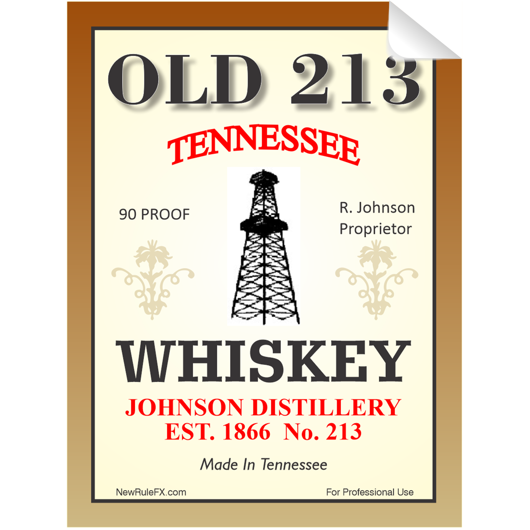 Old 213 Whiskey Single Self Adhesive Label - License and Royalty Free for Film Use By Prop Money Inc.