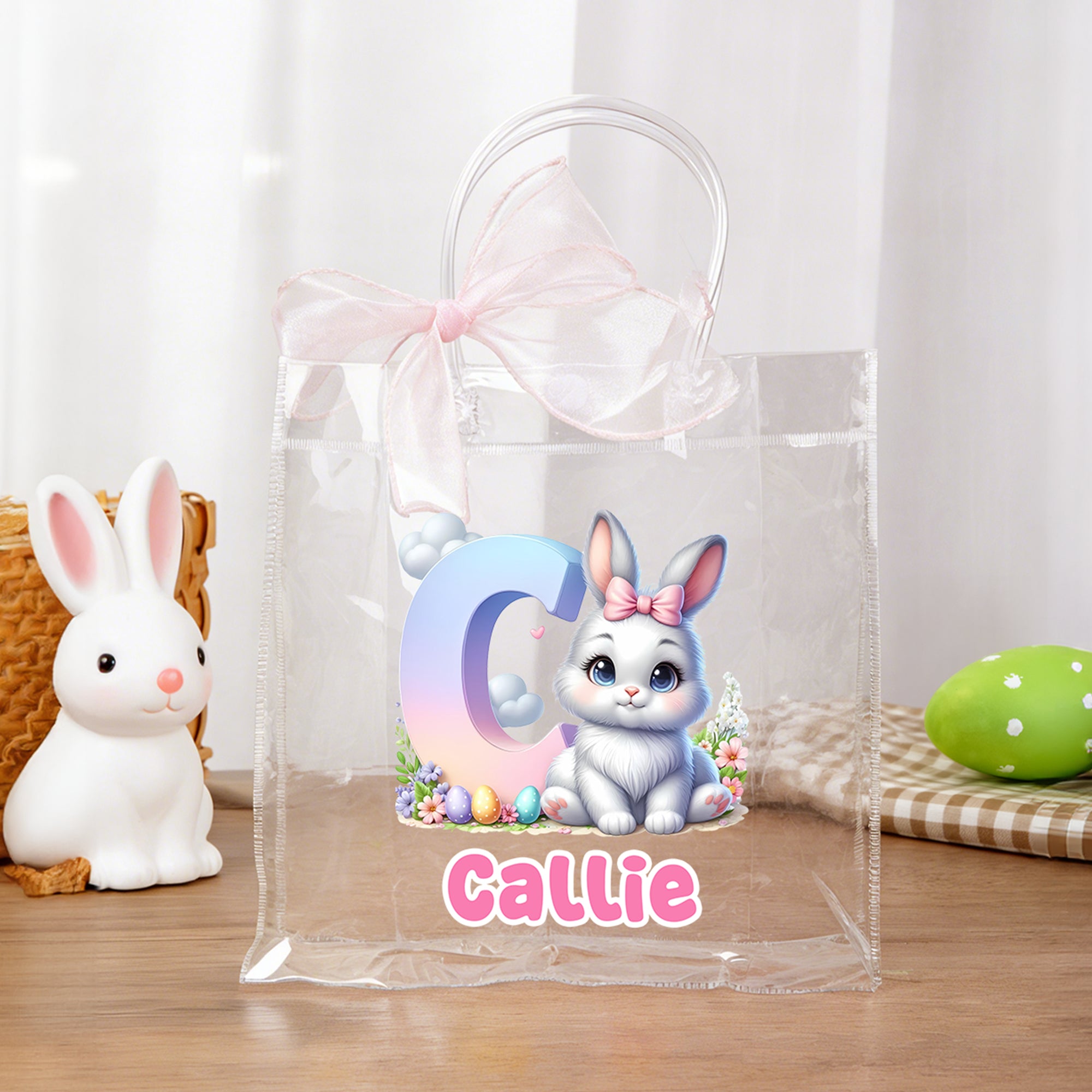 Conejito de Pascua personalizado Bolsa de regalo transparente con nombre e inicial Fiesta de Pascua Regalo para niño
