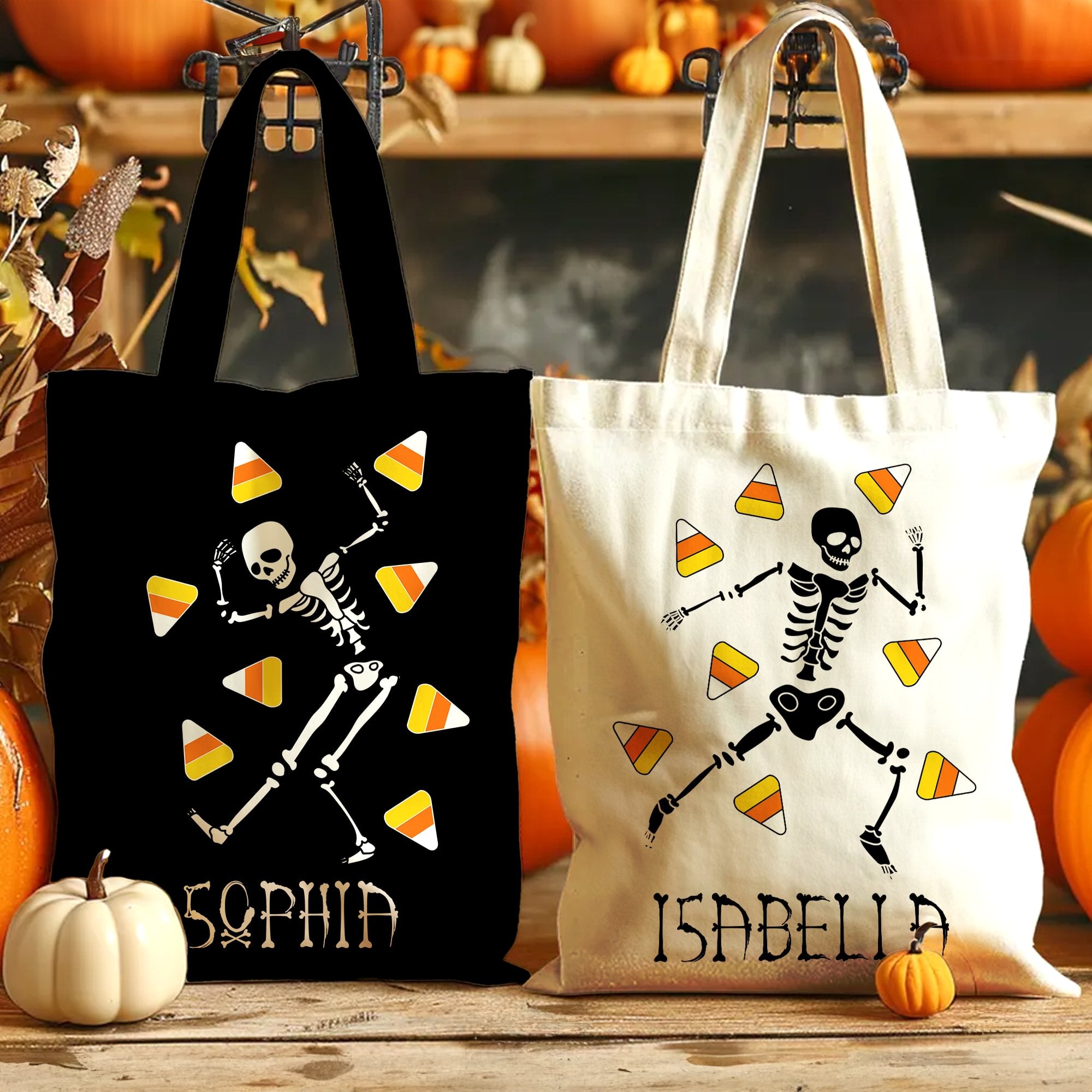 Personalizada Candy-Corn Calabaza Lollipop Esqueleto Bolsa reutilizable con nombre Trick or Treat Halloween Party Regalo para niños Amigos Familia