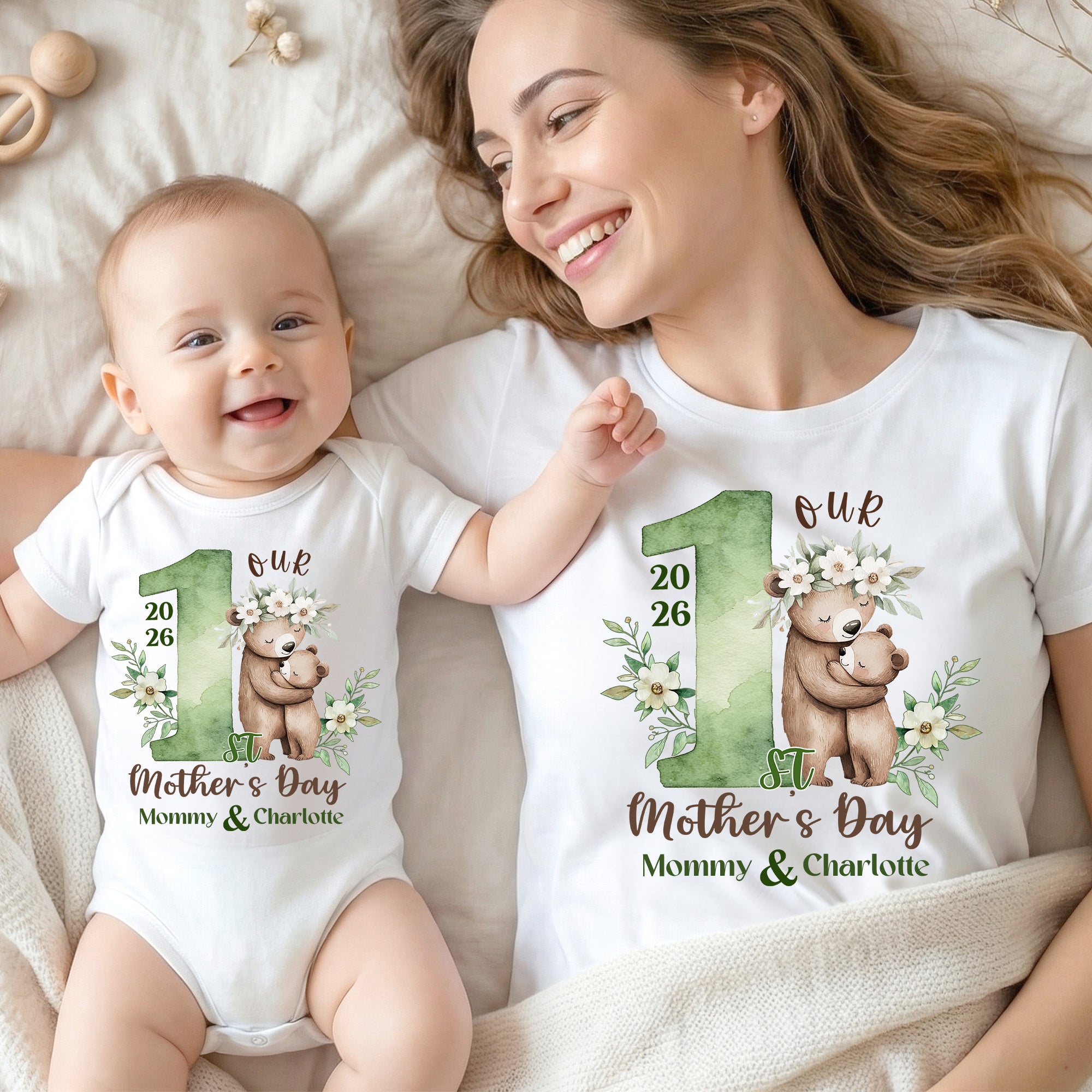 Personalizado lindo oso de peluche 100% algodón camiseta del bebé body con nombre cumpleaños 1er regalo del día de la madre para la madre bebé