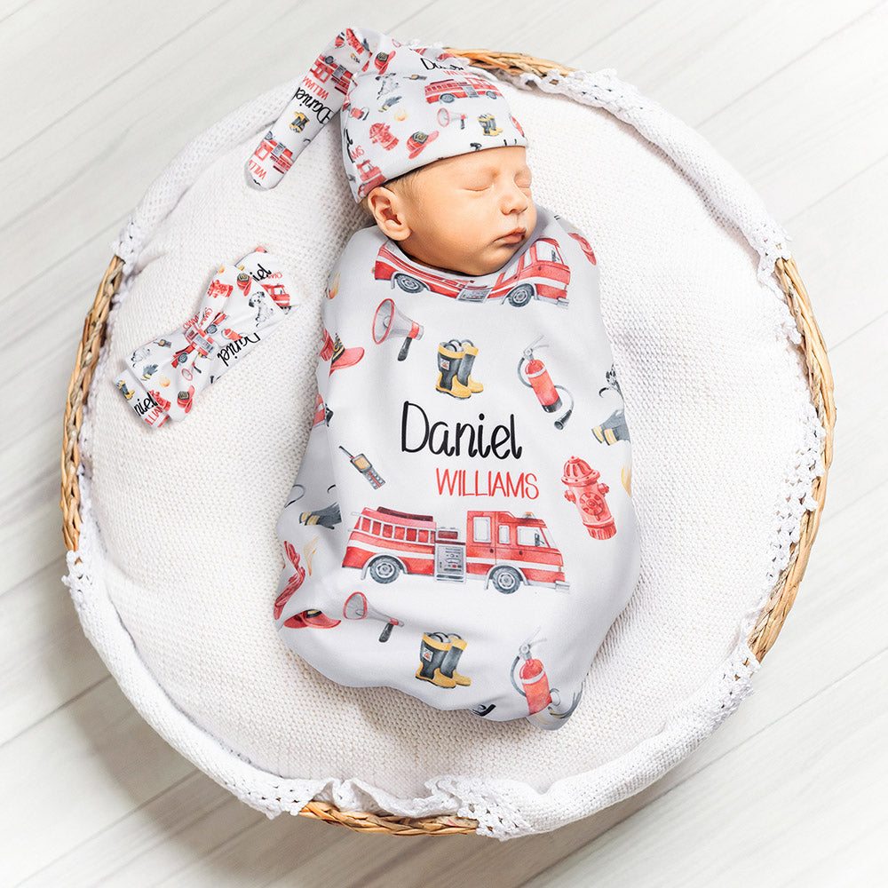 Personalizado lindo camión de bomberos suave bebé Swaddle sombrero arco diadema con nombre Coming Home Outfit Foto Prop Baby Shower regalo para el recién nacido