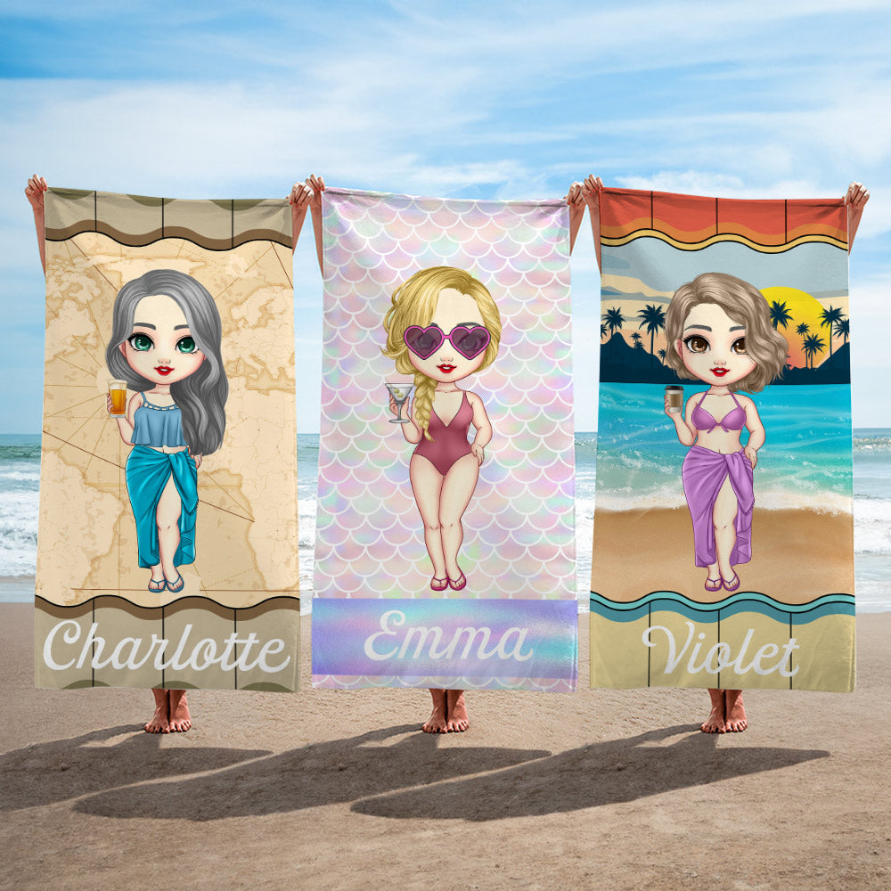 Toalla de playa de gran tamaño, de secado rápido, con nombre, personalizada, de dibujos animados Vacaciones de verano Esenciales Fiesta en la playa Regalo de cumpleaños para mujer