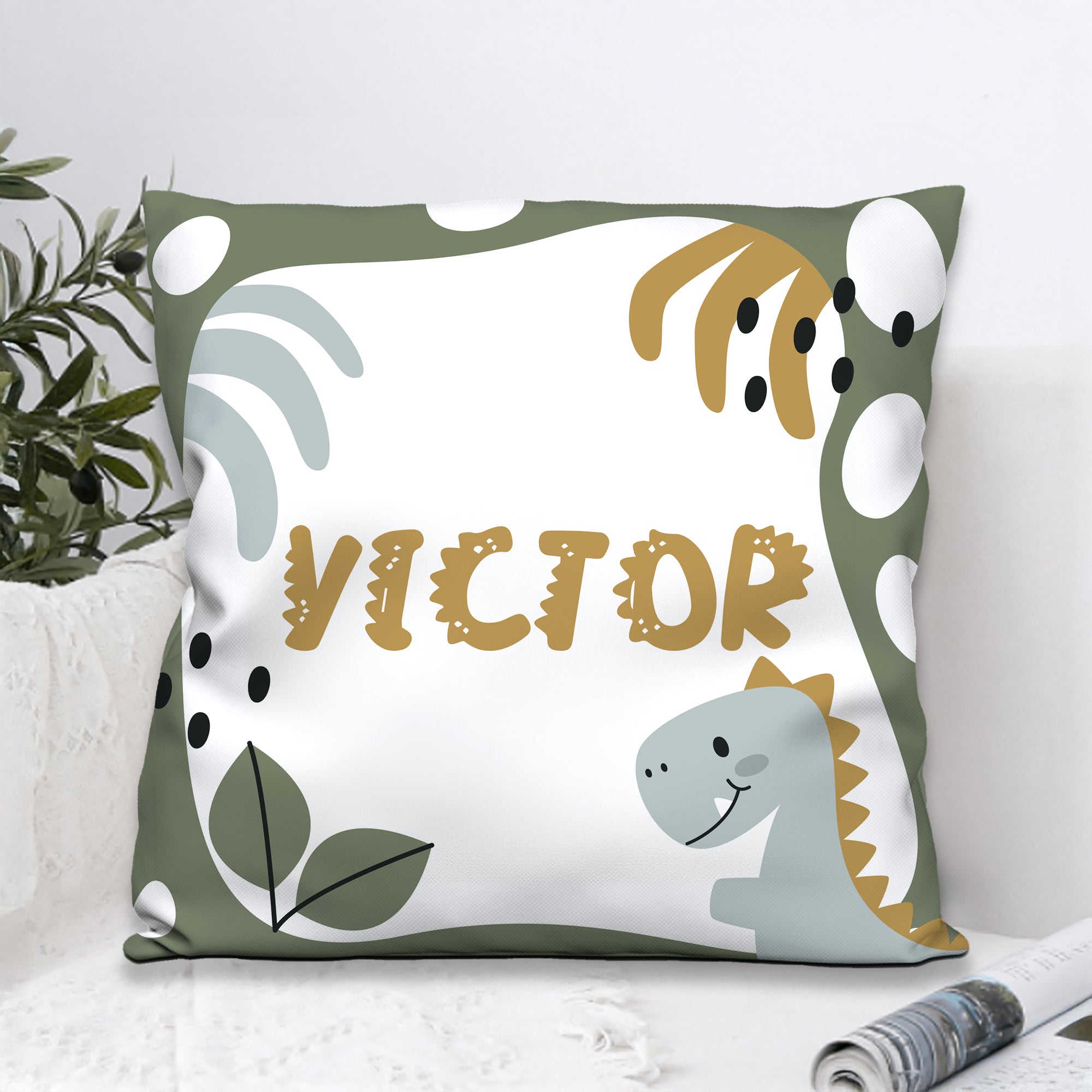 Personalizada Planta de dibujos animados Dinosaurio Arrojar Funda de almohada con nombre Decoración del hogar Holiday Birthday Gift for Boys Girls