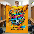 Manta suave personalizada con el nombre Feel the Drip Soccer Pattern Decoración para el hogar Club de fútbol Regalo de cumpleaños para los amantes del fútbol