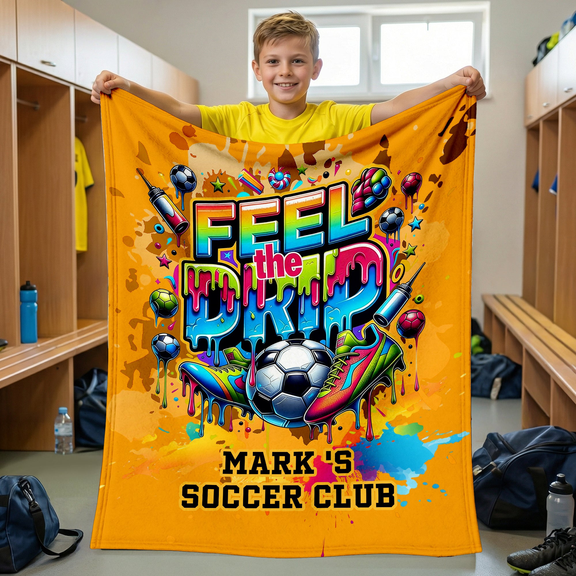 Manta suave personalizada con el nombre Feel the Drip Soccer Pattern Decoración para el hogar Club de fútbol Regalo de cumpleaños para los amantes del fútbol
