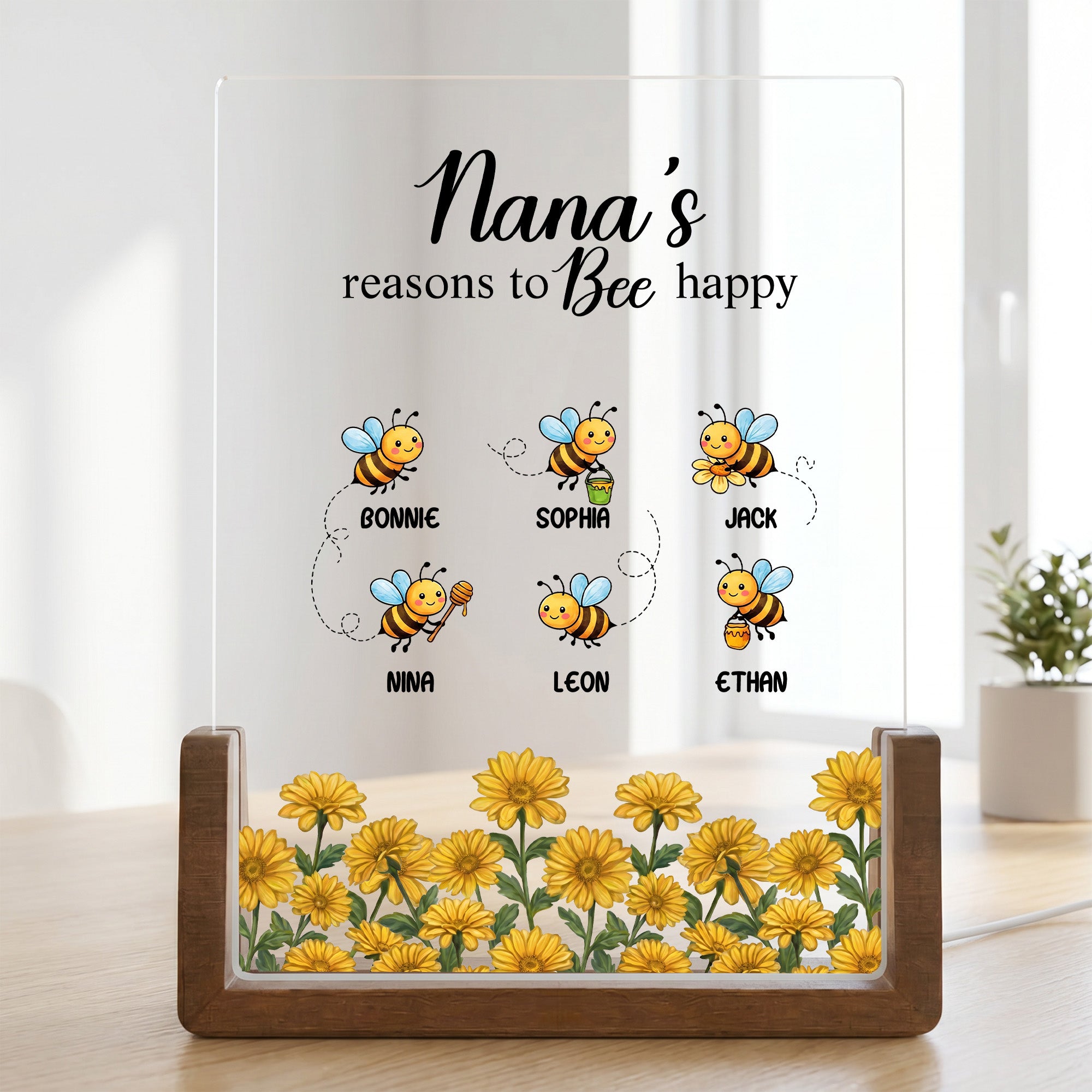Personalizada 1-6 Abejas Flores LED acrílico Luz de Noche con Nombre y Base de Madera Cumpleaños Aniversario Regalo para Mujeres