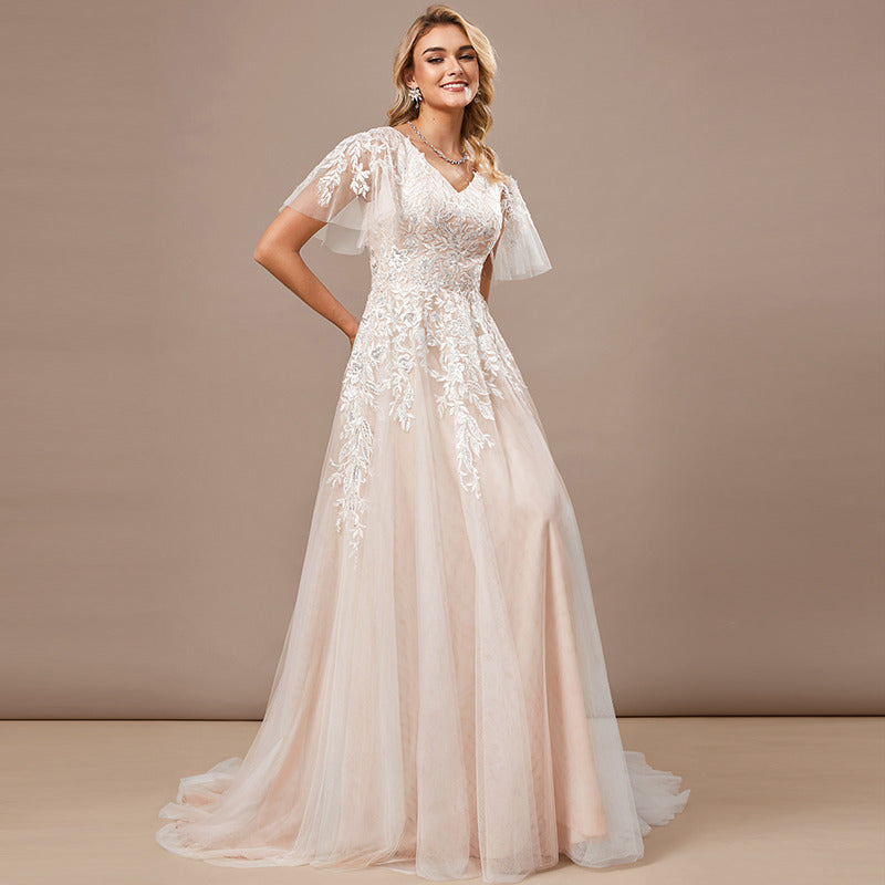 Bridal Wedding Dress Ivory-Nude Flutter Sleeve Long V-Neck A-line