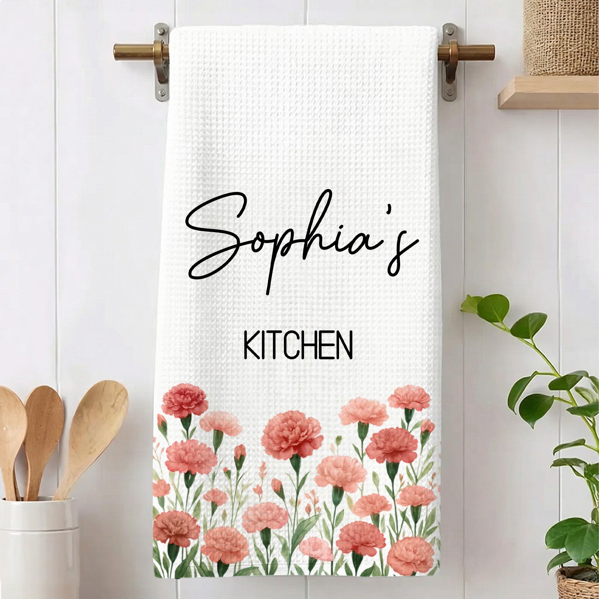 Toalla de Té Waffle Flor de Nacimiento Personalizada con Nombre Uso Diario Cumpleaños Día de la Madre Regalo para Mamá Familia