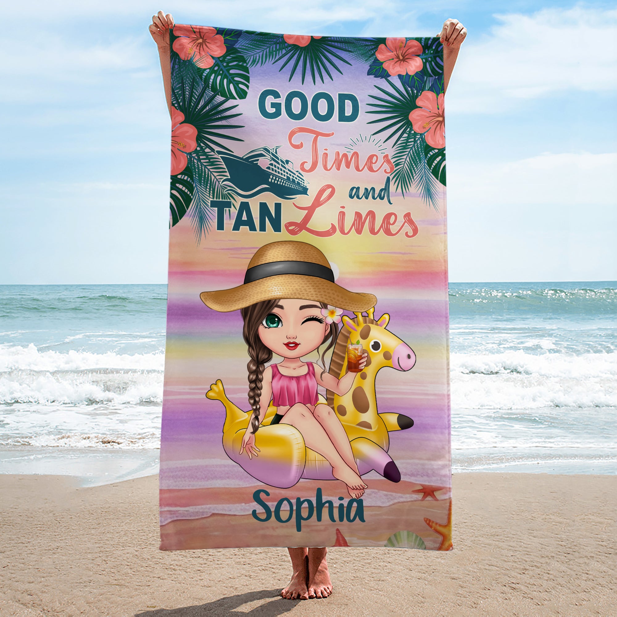 Personalizada Plantas Tropicales Crucero Personaje de dibujos animados Secado rápido Toalla de playa de gran tamaño con nombre Fiesta Cumpleaños Regalo para Mujeres Niñas