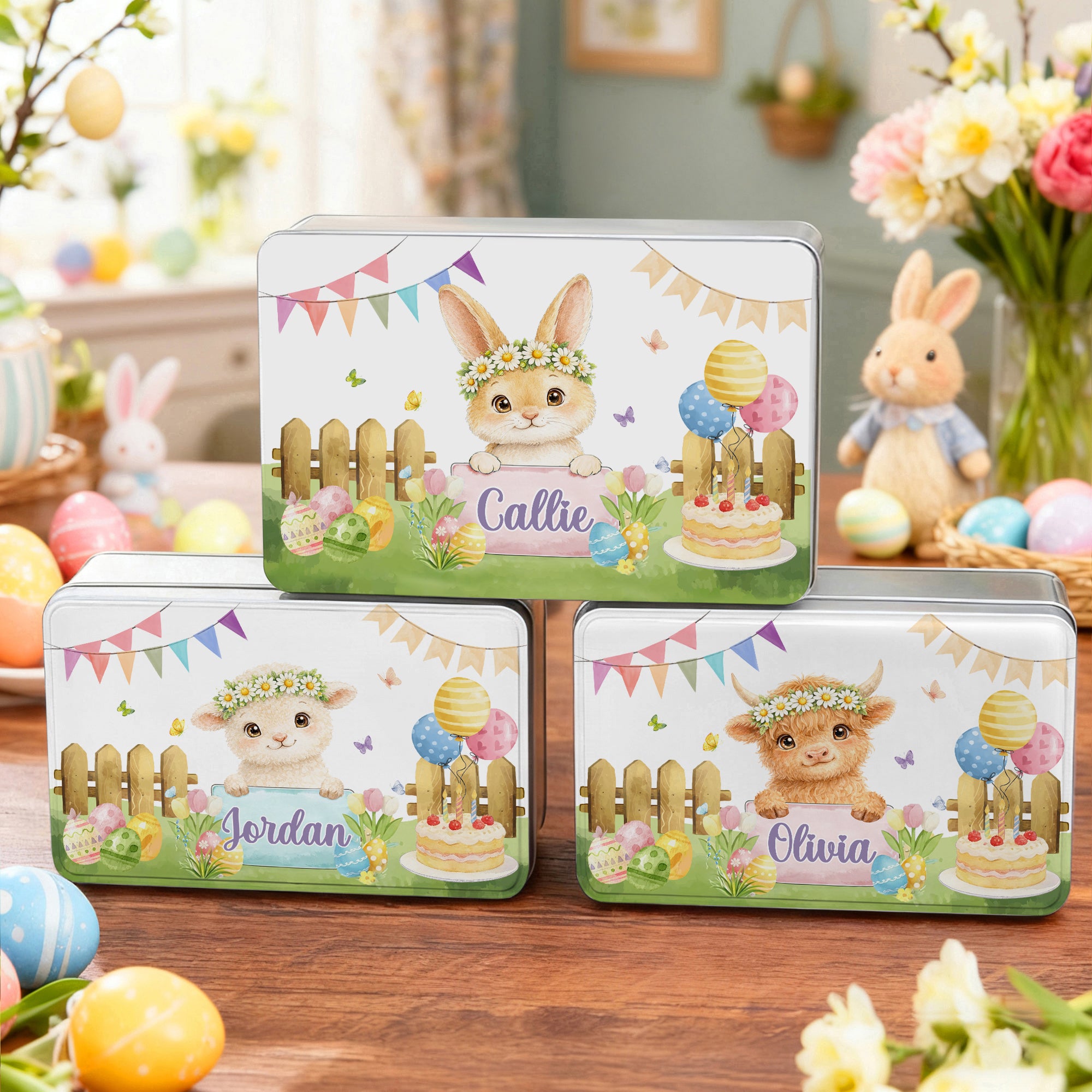 Huevo de Pascua Personalizado Animal Cake Biscuit Tin Box con Nombre Accesorios de almacenamiento Pascua Fiesta Regalo para Niños Niñas