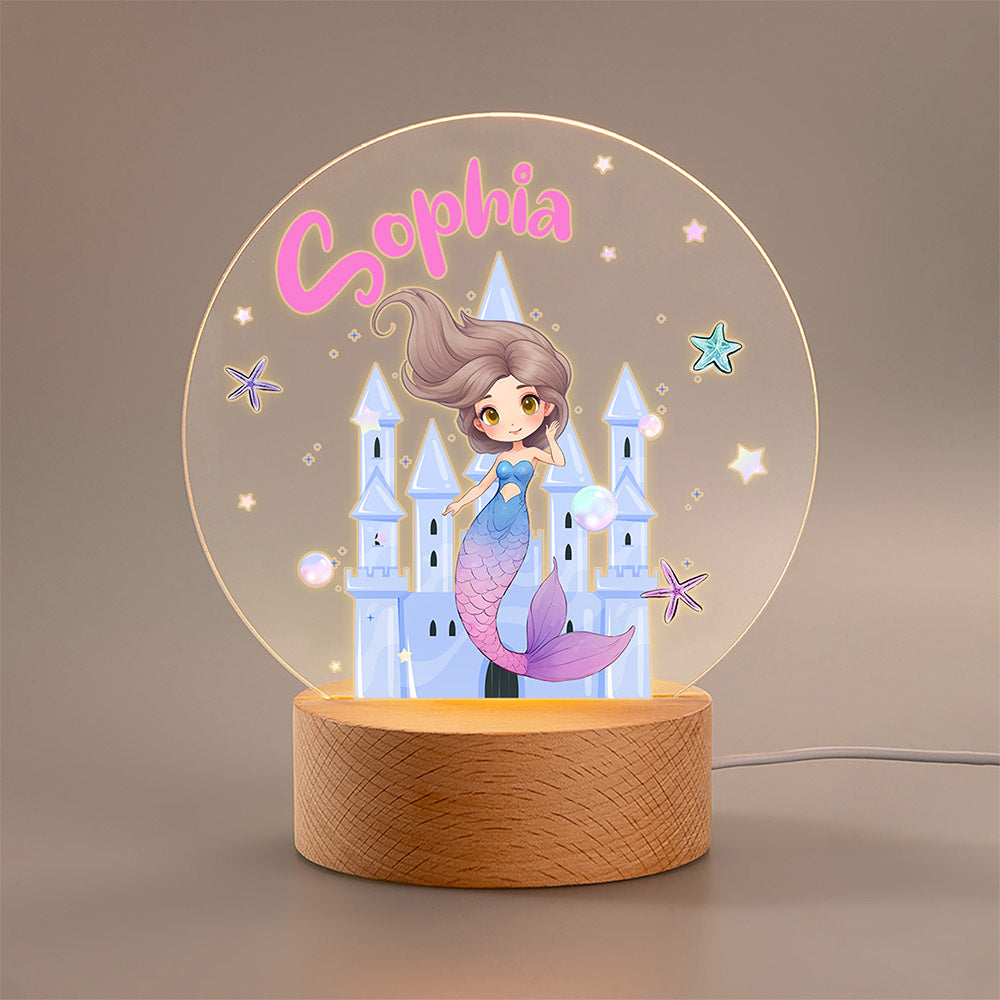 Luz de Noche LED Acrílica Personalizada Fantasía Princesa Sirena con Base de Madera y Nombre Cumpleaños Día del Niño Regalo para Niñas Hijas