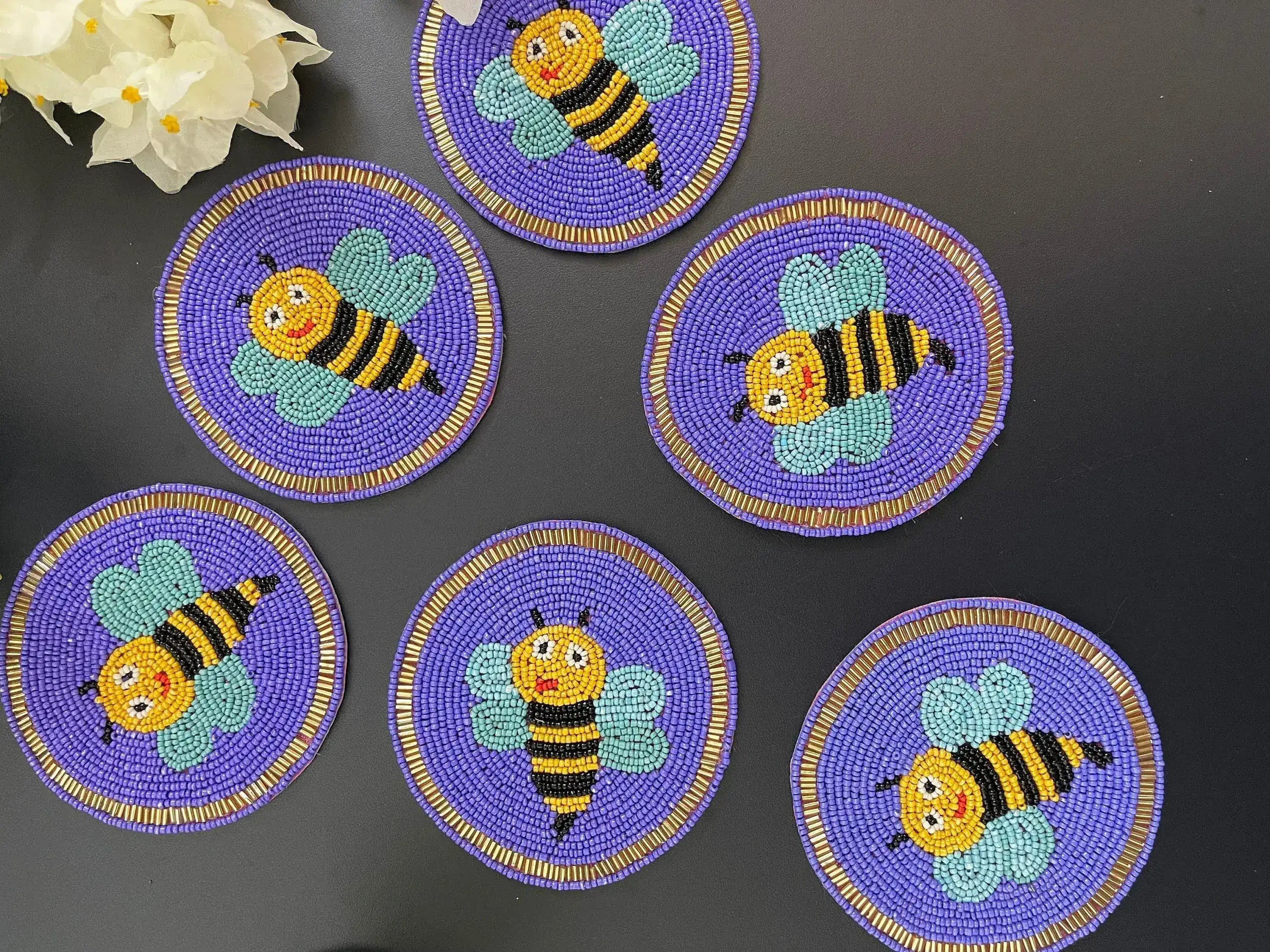 Bee Happy Beaded Round Coaster Set
