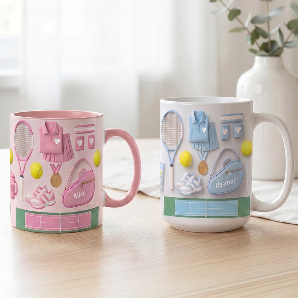 Taza de cerámica personalizada con nombre y posavasos, raqueta de tenis, equipamiento deportivo, regalo diario para los amantes del tenis.
