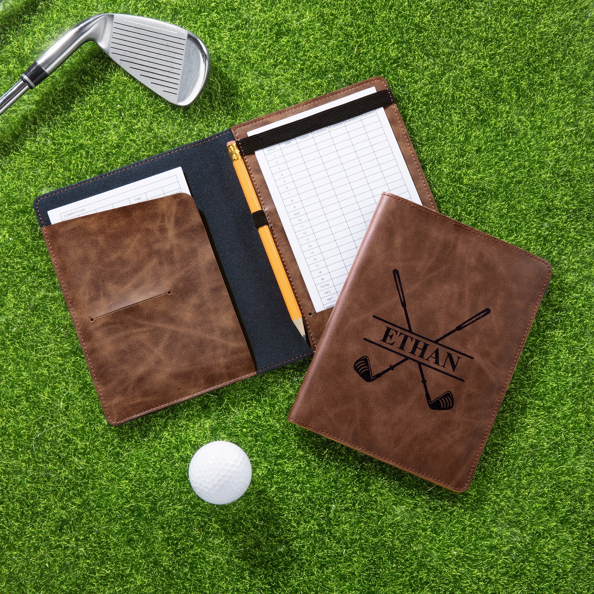 Portatarjetas de golf de cuero de PU personalizado con inicial y nombre Accesorios de entrenamiento de competición Regalo de cumpleaños Día del partido para hombre Amante del golf