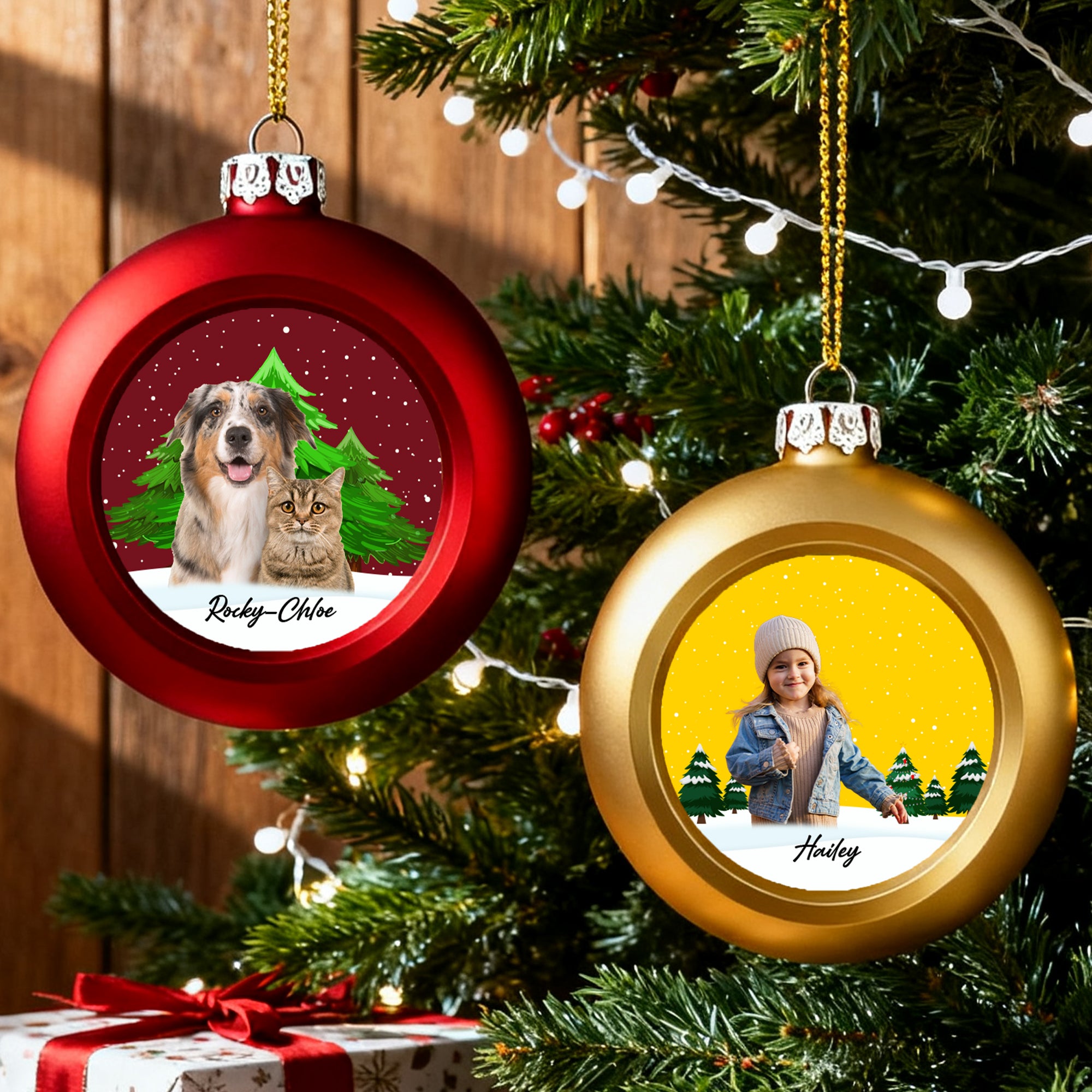Ornamento personalizado de la bola de la foto de la Navidad con el nombre Decoración del árbol casero Regalo de Navidad para los dueños del animal doméstico de los amigos de la familia