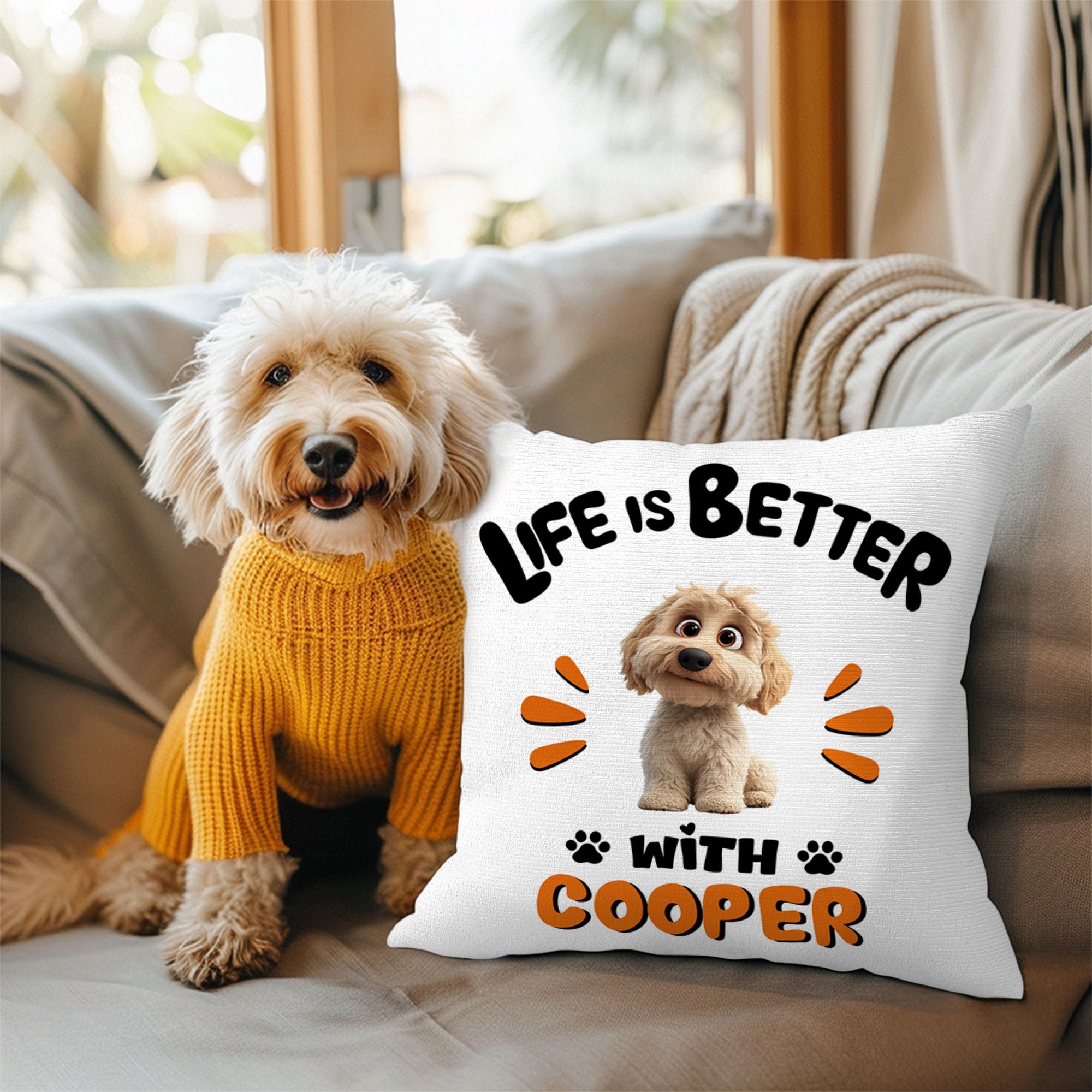 Funda de almohada personalizada con el nombre de un perro de dibujos animados en 3D Decoración del hogar Cumpleaños Adopción Aniversario Regalo para mamás de perros Amantes de los perros
