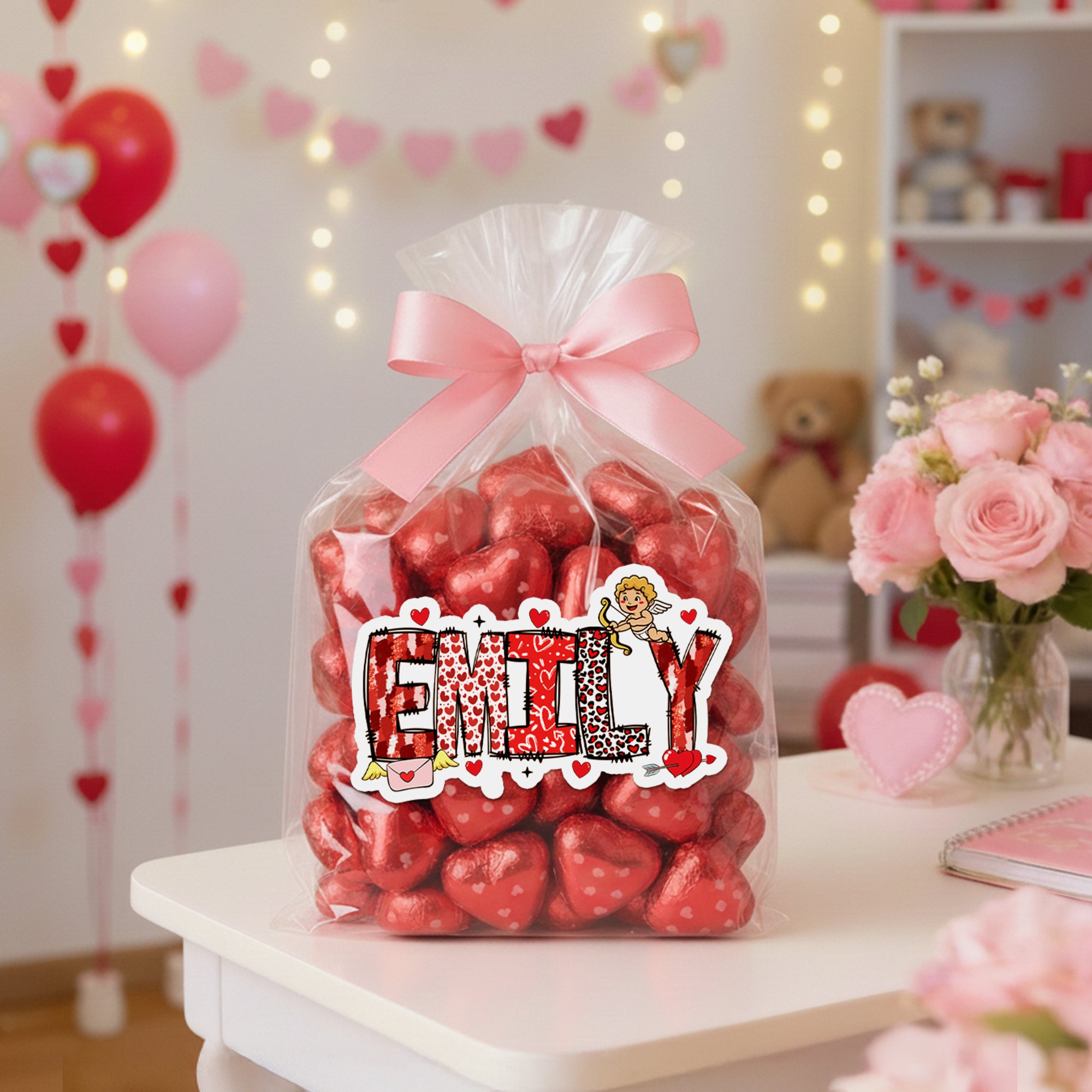 Personalizado Corazón Cupido Rojo Nombre Diseño Juego de 2 Pegatinas Impermeables Cumpleaños San Valentín Regalo para Pareja Familia Amigo