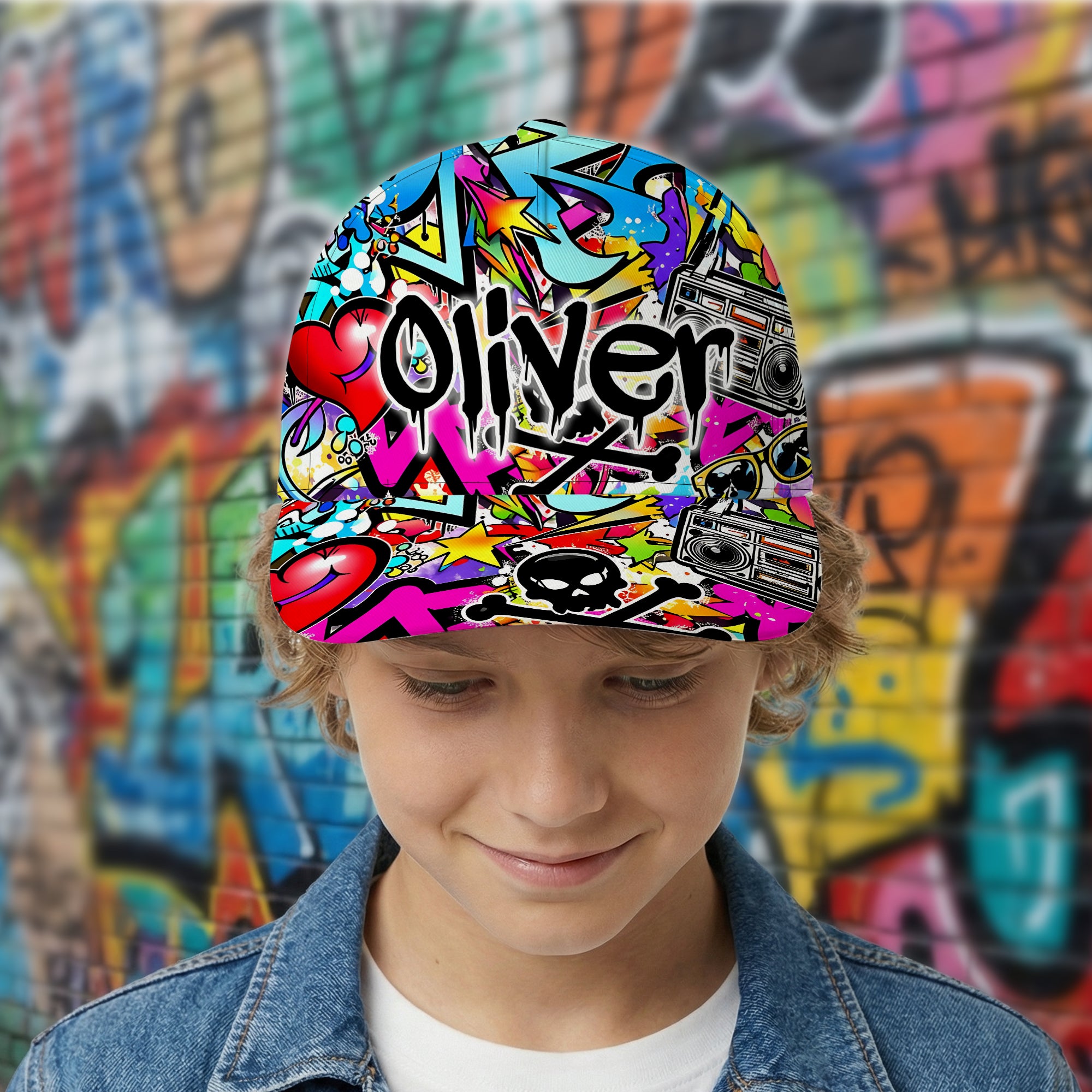 Gorra de béisbol personalizada estilo graffiti con nombre Uso diario Regalo de cumpleaños para niños