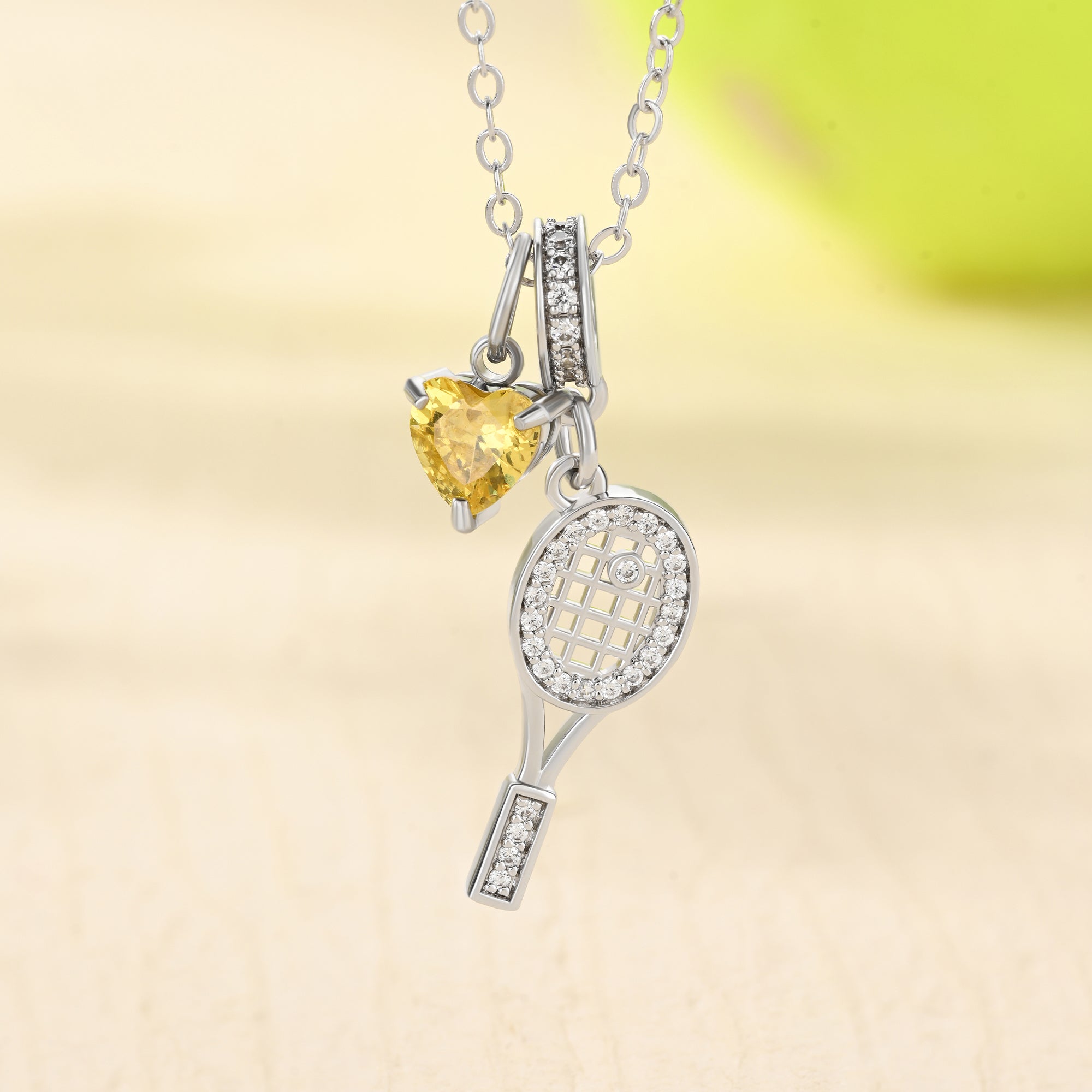 Personalizado Glitter Raqueta de Tenis Corazón Birthstone Collar Dainty Jewelry Birthday Team Gift for Tennis Lover