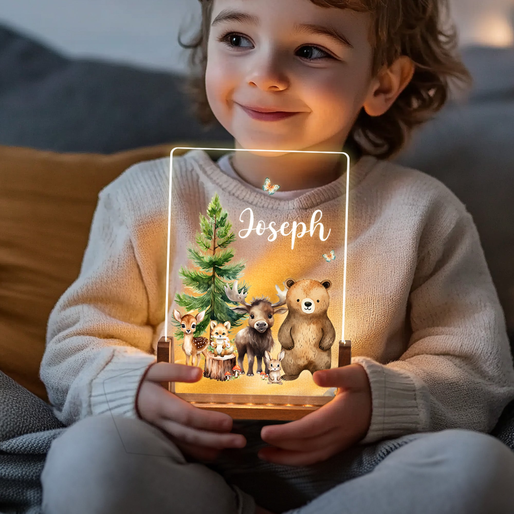 Personalizado lindo ciervo zorro bosque animales acrílico LED luz de noche con base de madera y nombre cumpleaños aniversario regalo para la familia niños