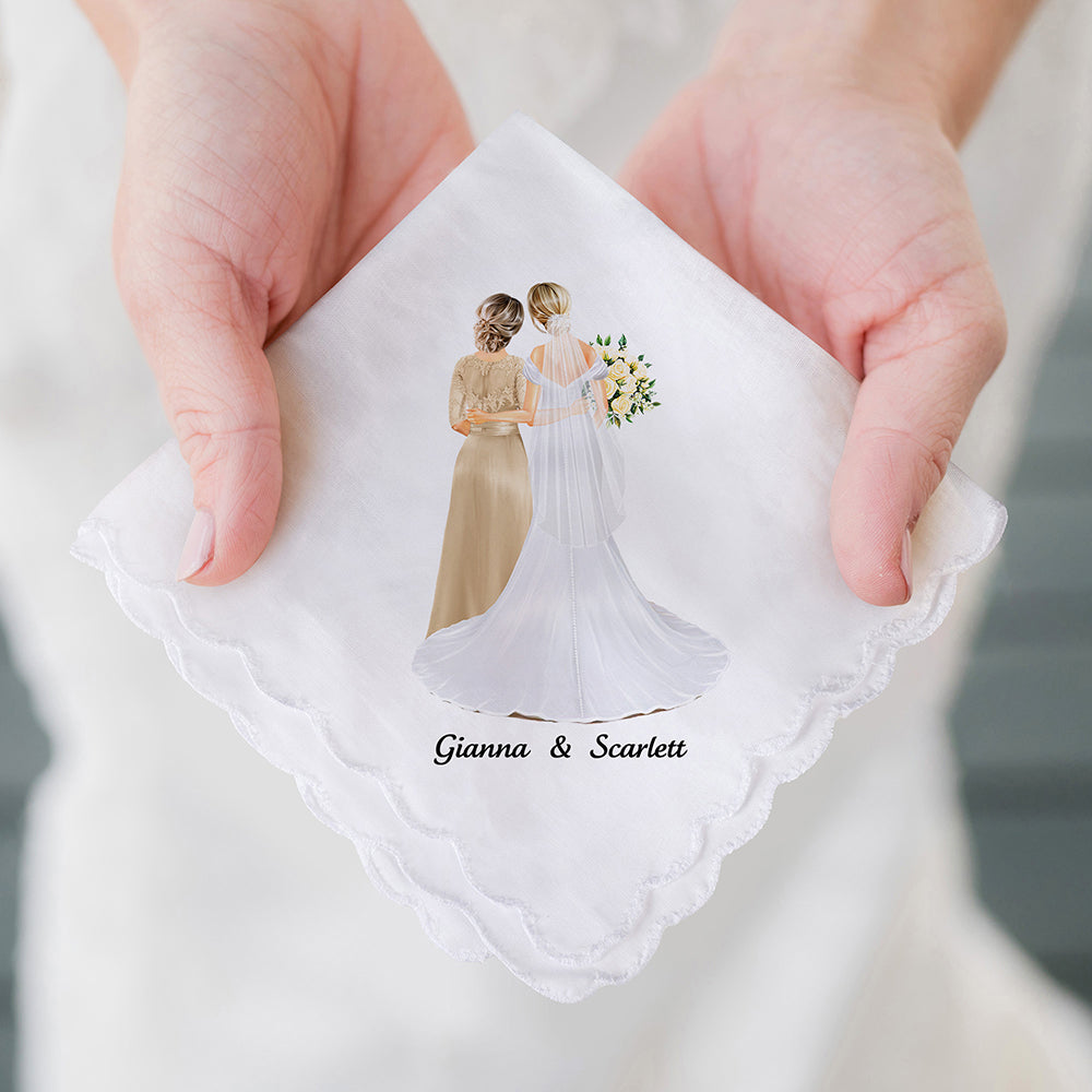Pañuelo personalizado con dibujos animados de novia y mamá 100% algodón con nombres y texto Regalo de aniversario de boda para mamá novia