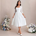 Bridal Wedding Dress White 3 4 Sleeve Short Square A-line