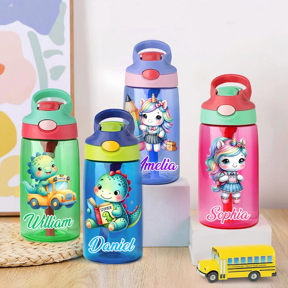 Botella de agua personalizada Fantasía Unicornio Dinosaurio 16 oz con pajita de silicona y asa Vuelta al cole Cumpleaños Vacaciones Regalo para niños Niñas
